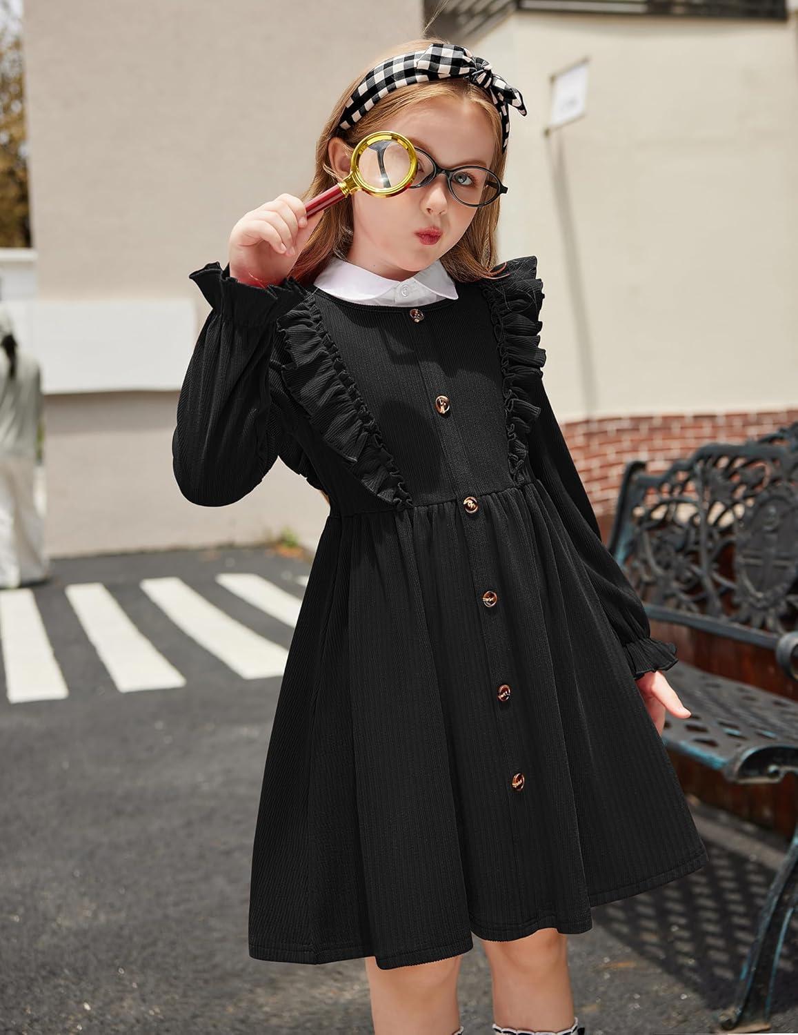 imageArshiner Toddler Fall Winter Sweater Dress Ruffle Long Sleeve Ribbed Knit Button Down Casual Dresses with PocketsBlack