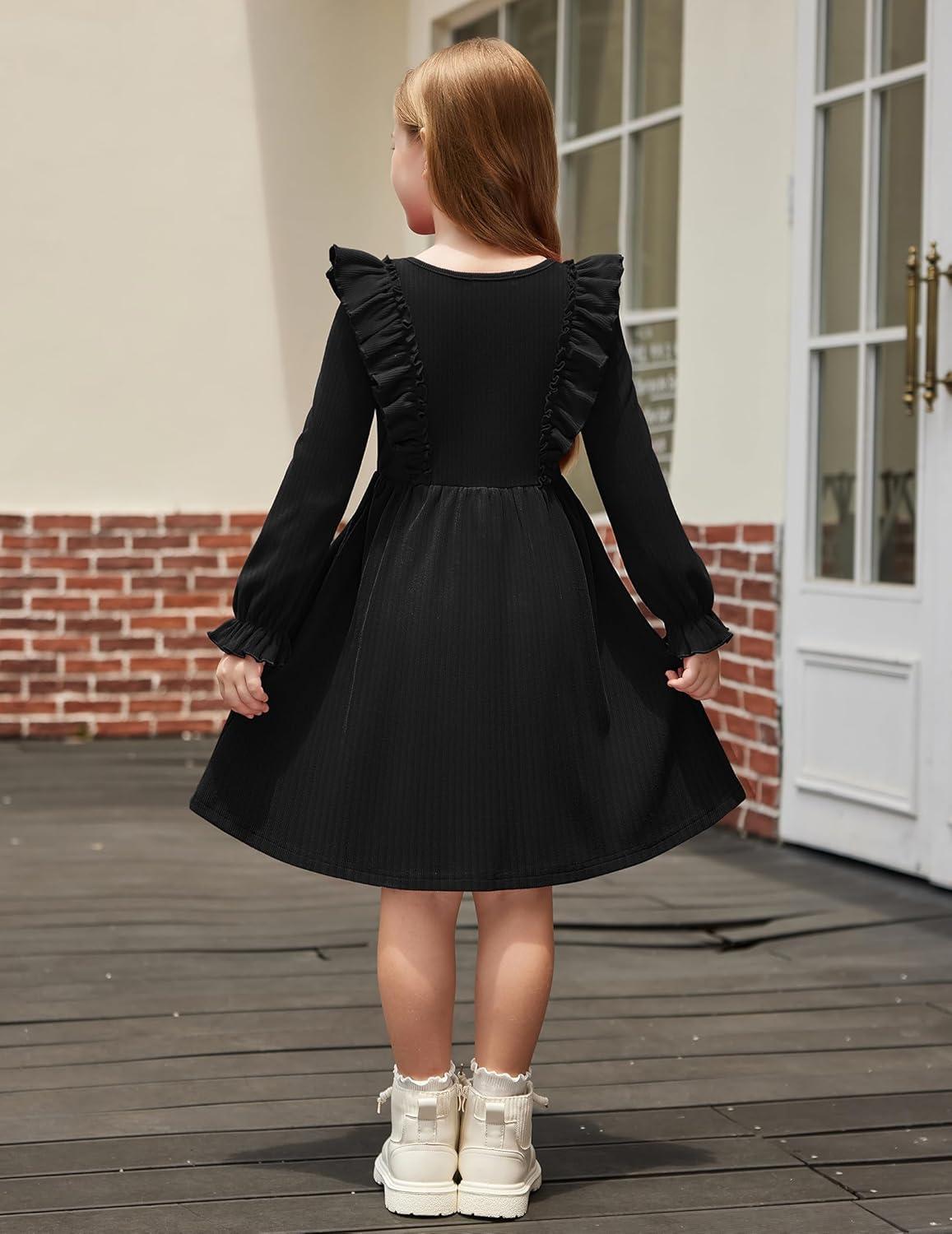 imageArshiner Toddler Fall Winter Sweater Dress Ruffle Long Sleeve Ribbed Knit Button Down Casual Dresses with PocketsBlack