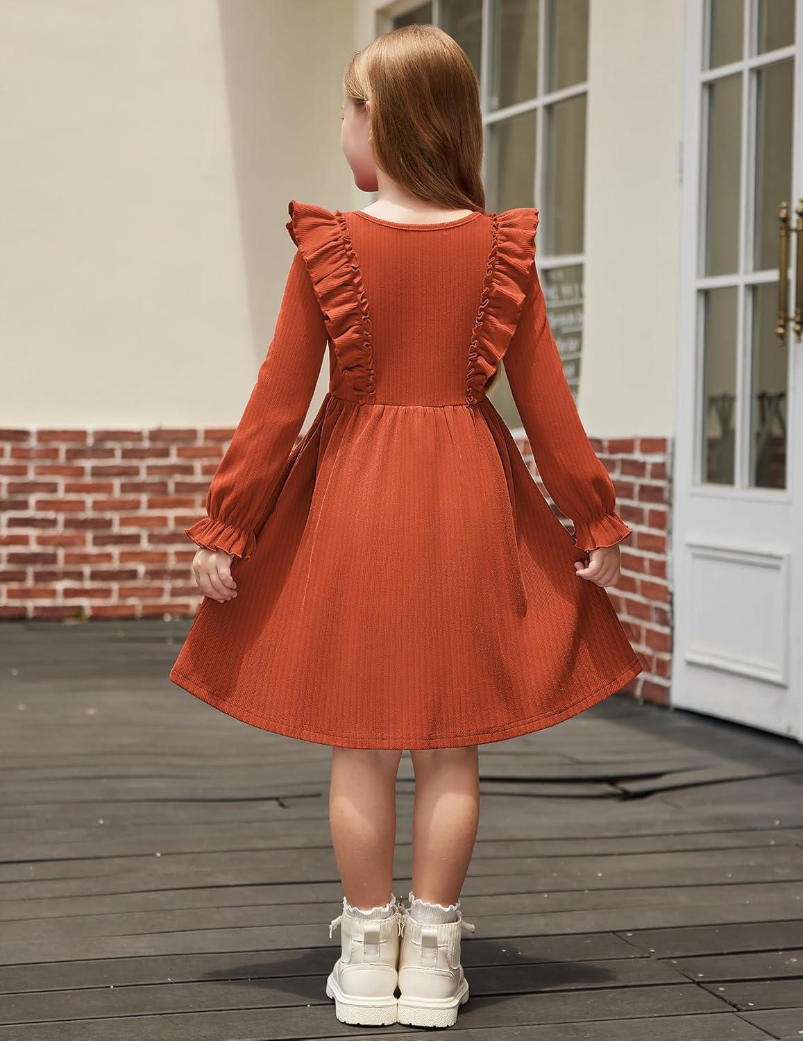 imageArshiner Toddler Fall Winter Sweater Dress Ruffle Long Sleeve Ribbed Knit Button Down Casual Dresses with PocketsBrown