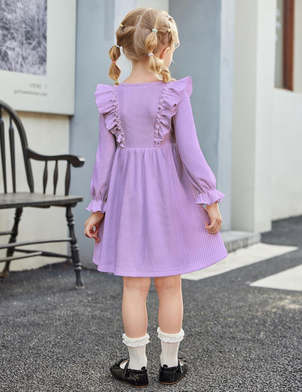 imageArshiner Toddler Fall Winter Sweater Dress Ruffle Long Sleeve Ribbed Knit Button Down Casual Dresses with PocketsLavender