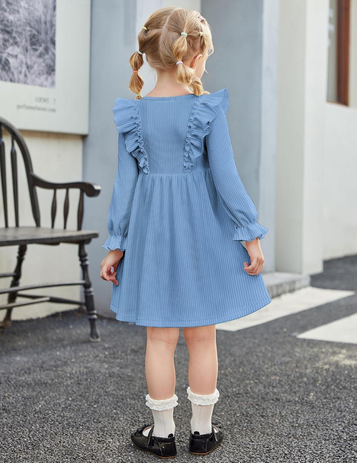 imageArshiner Toddler Fall Winter Sweater Dress Ruffle Long Sleeve Ribbed Knit Button Down Casual Dresses with PocketsLight Blue