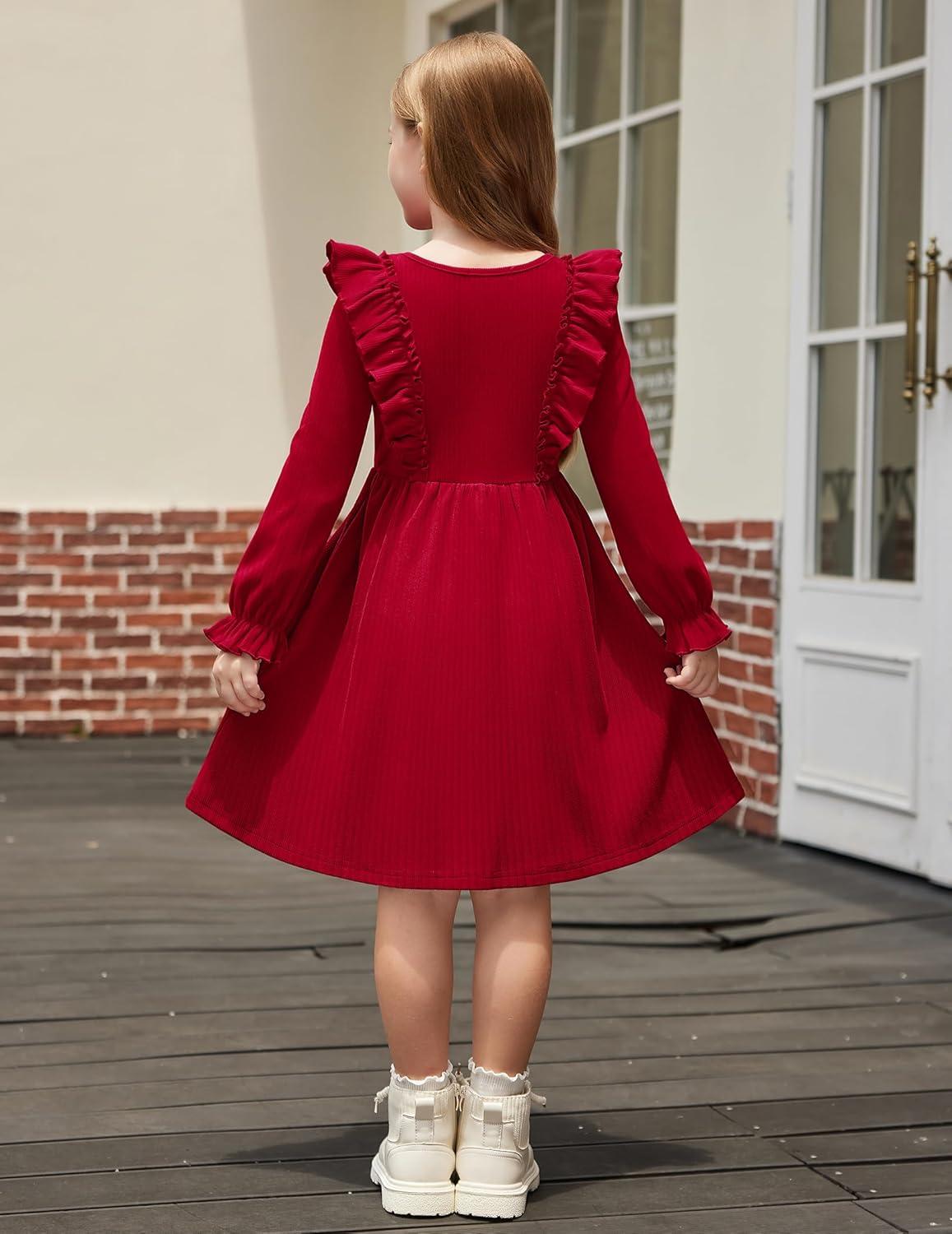 imageArshiner Toddler Fall Winter Sweater Dress Ruffle Long Sleeve Ribbed Knit Button Down Casual Dresses with PocketsRed