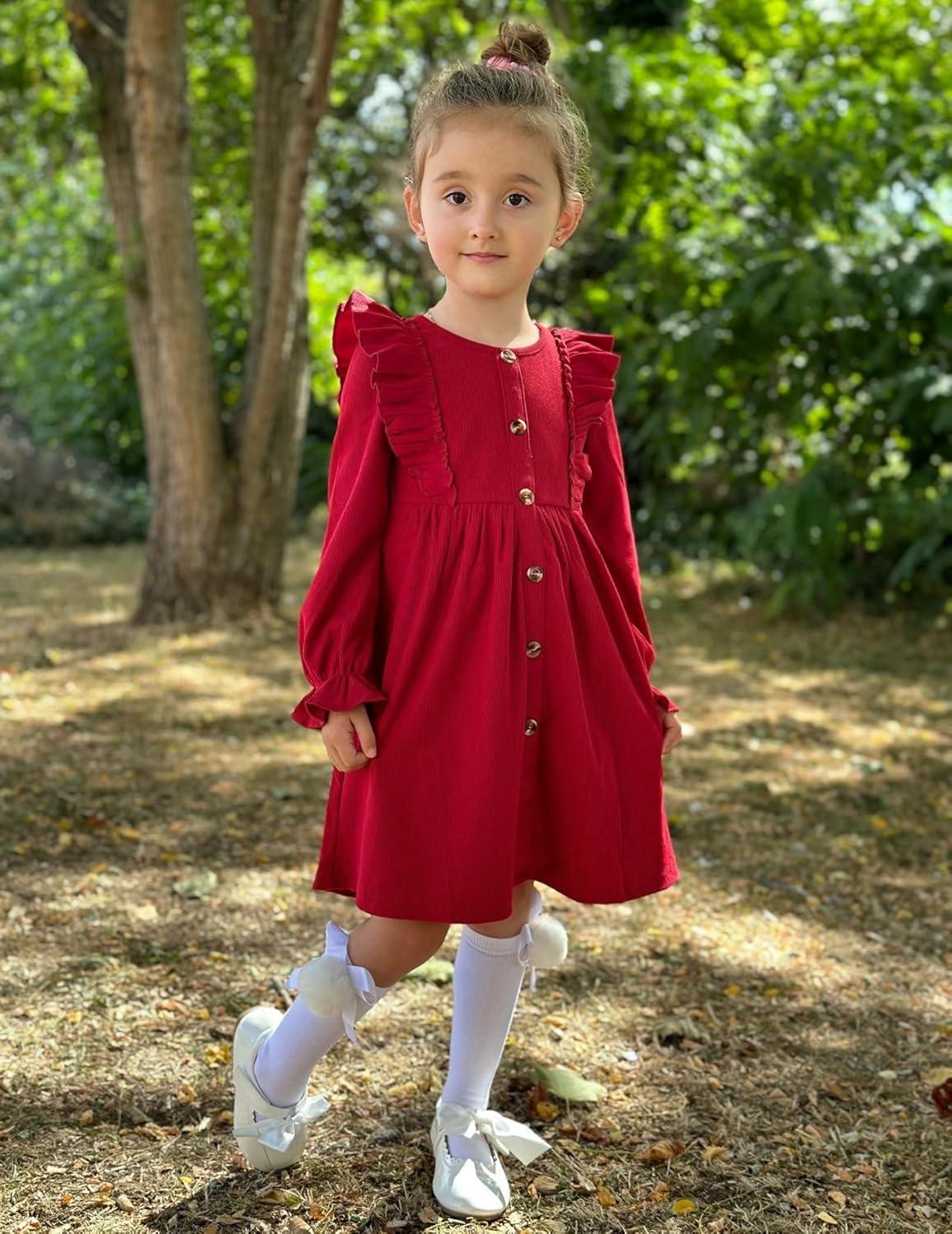 imageArshiner Toddler Fall Winter Sweater Dress Ruffle Long Sleeve Ribbed Knit Button Down Casual Dresses with PocketsRed