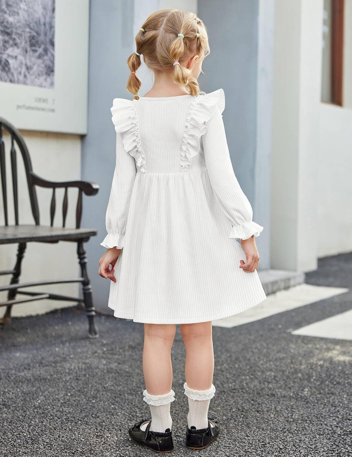 imageArshiner Toddler Fall Winter Sweater Dress Ruffle Long Sleeve Ribbed Knit Button Down Casual Dresses with PocketsWhite