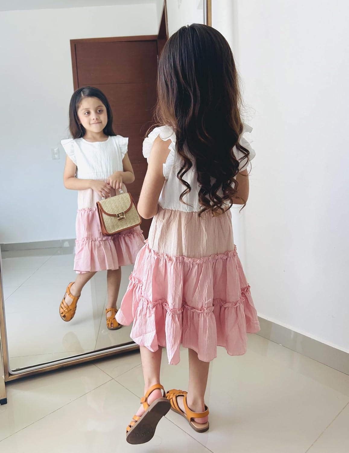 imageArshiner Toddler Girls Dress Ruffle Sleeveless Tiered Swing Twirly Dresses Cute Summer Beach Sundress with Pocket for 16TWhite Pink
