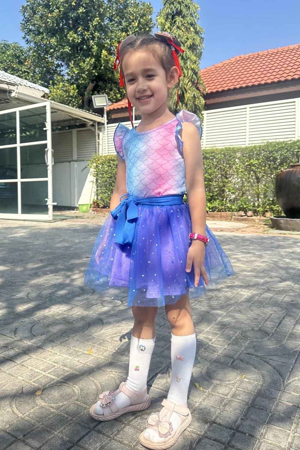 imageArshiner Toddler Summer Girls Clothes 2 Piece Ruffle Sleeve Tops and Belt Tutu Skirt Sets Cute Party Dress for KidsBlue Mermaid