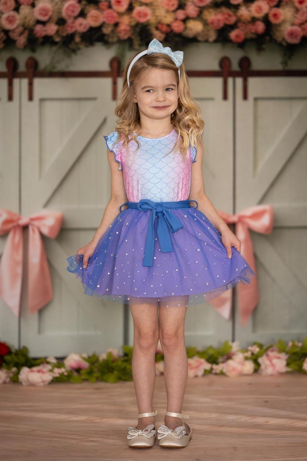 imageArshiner Toddler Summer Girls Clothes 2 Piece Ruffle Sleeve Tops and Belt Tutu Skirt Sets Cute Party Dress for KidsBlue Mermaid