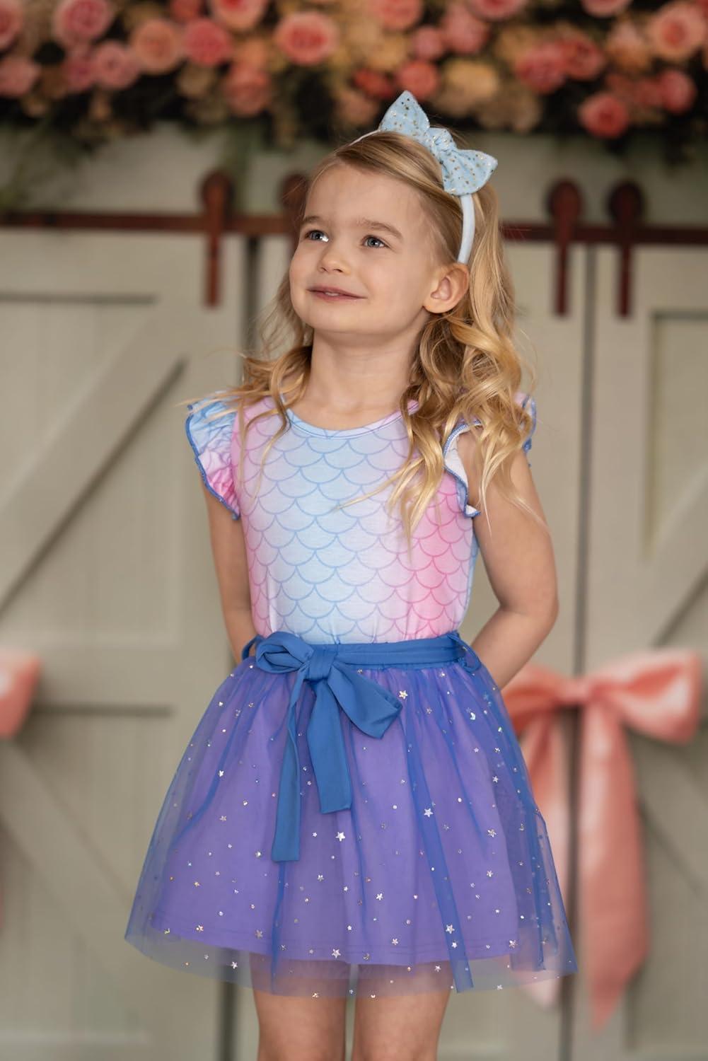 imageArshiner Toddler Summer Girls Clothes 2 Piece Ruffle Sleeve Tops and Belt Tutu Skirt Sets Cute Party Dress for KidsBlue Mermaid