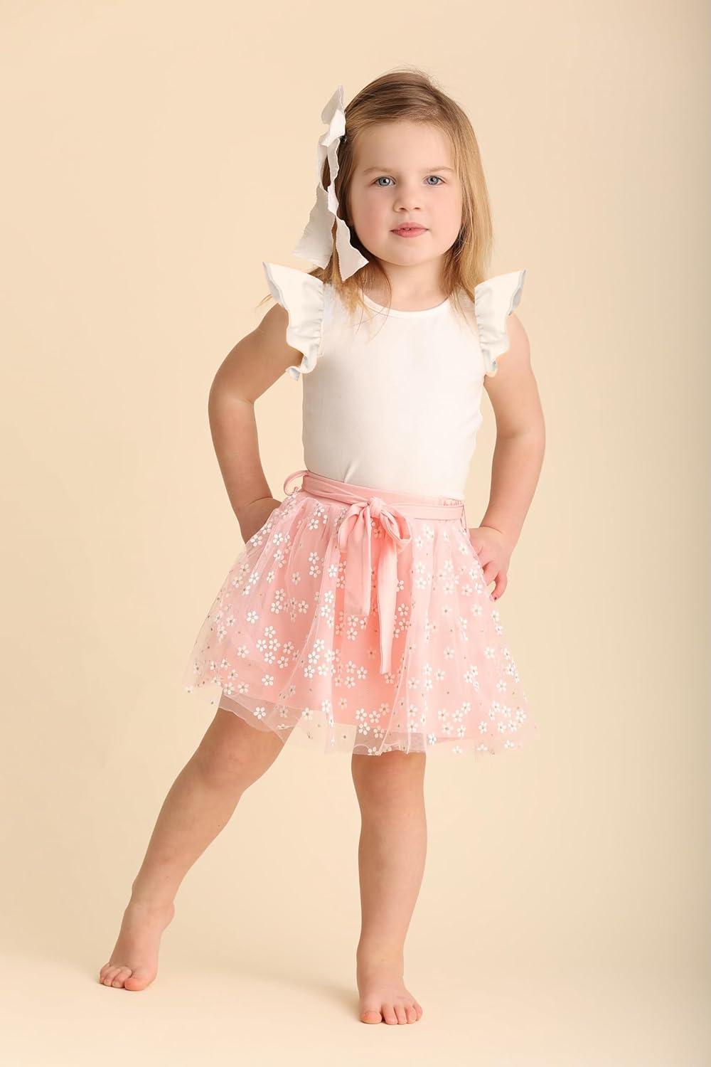 imageArshiner Toddler Summer Girls Clothes 2 Piece Ruffle Sleeve Tops and Belt Tutu Skirt Sets Cute Party Dress for KidsPink