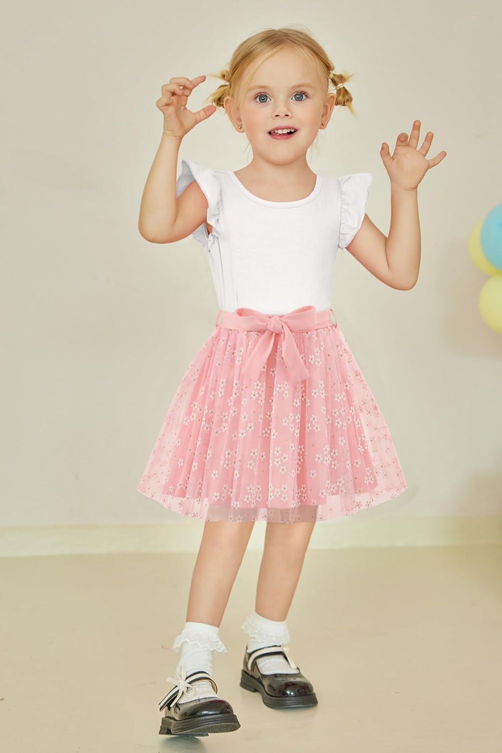 imageArshiner Toddler Summer Girls Clothes 2 Piece Ruffle Sleeve Tops and Belt Tutu Skirt Sets Cute Party Dress for KidsPink