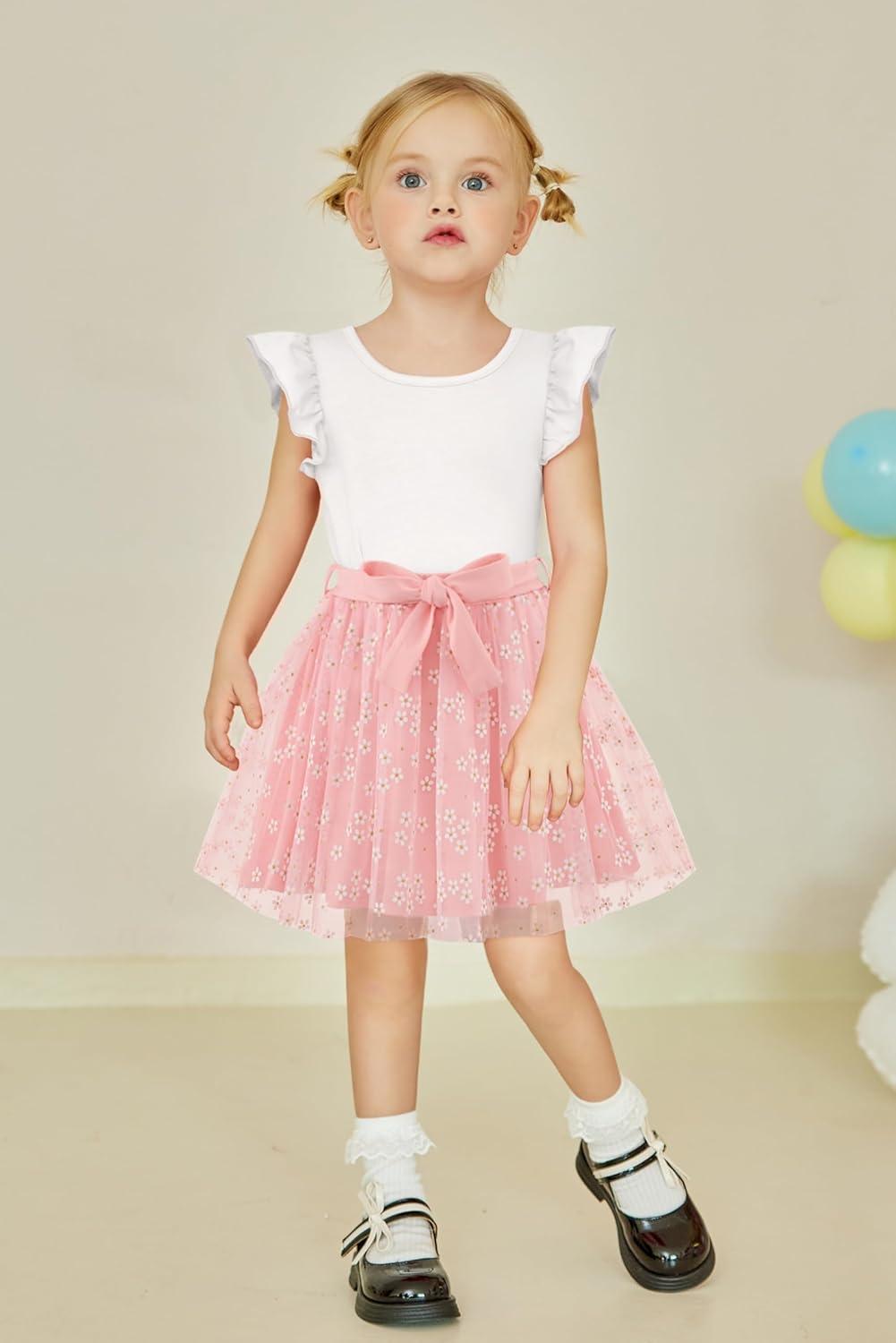 imageArshiner Toddler Summer Girls Clothes 2 Piece Ruffle Sleeve Tops and Belt Tutu Skirt Sets Cute Party Dress for KidsPink