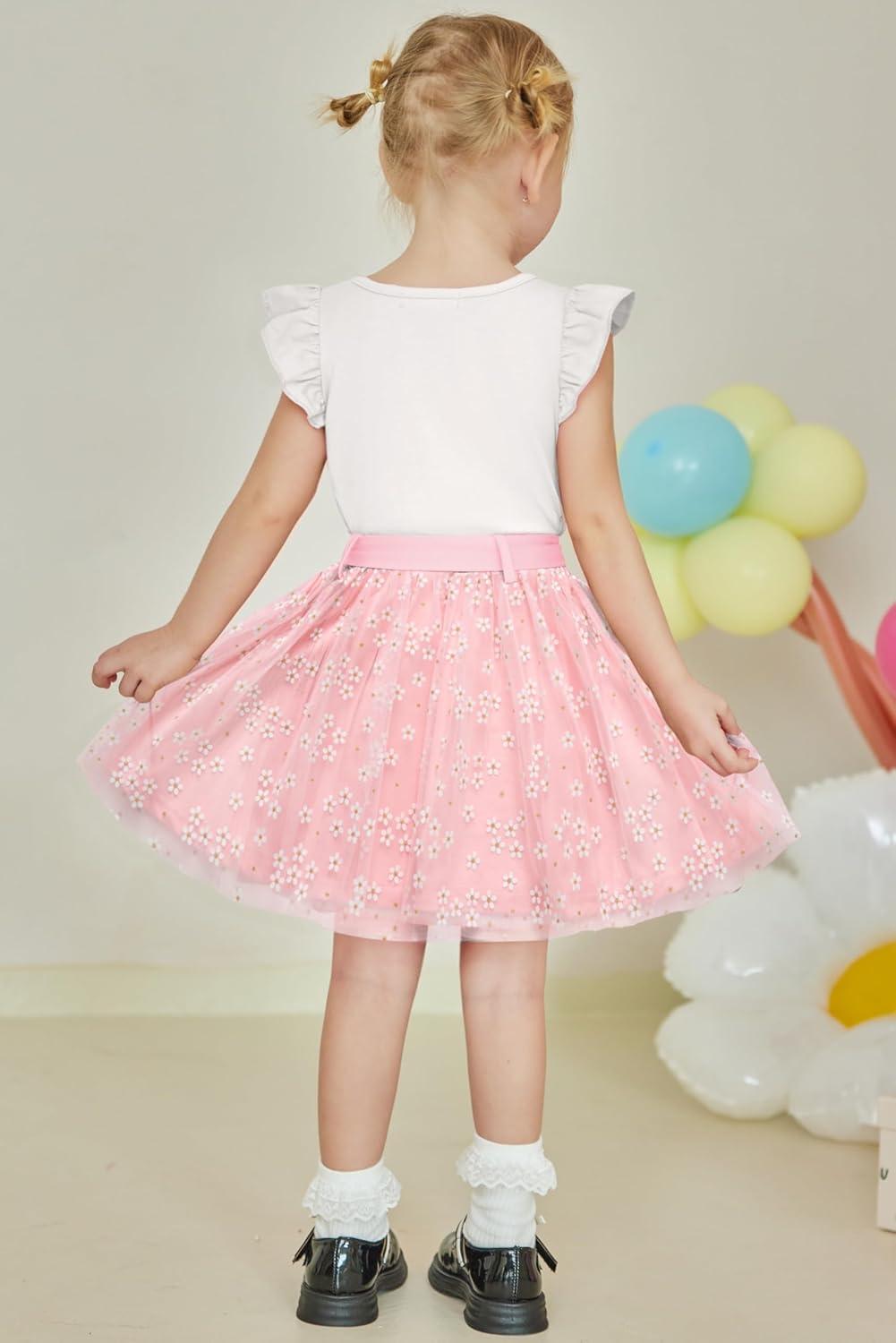 imageArshiner Toddler Summer Girls Clothes 2 Piece Ruffle Sleeve Tops and Belt Tutu Skirt Sets Cute Party Dress for KidsPink
