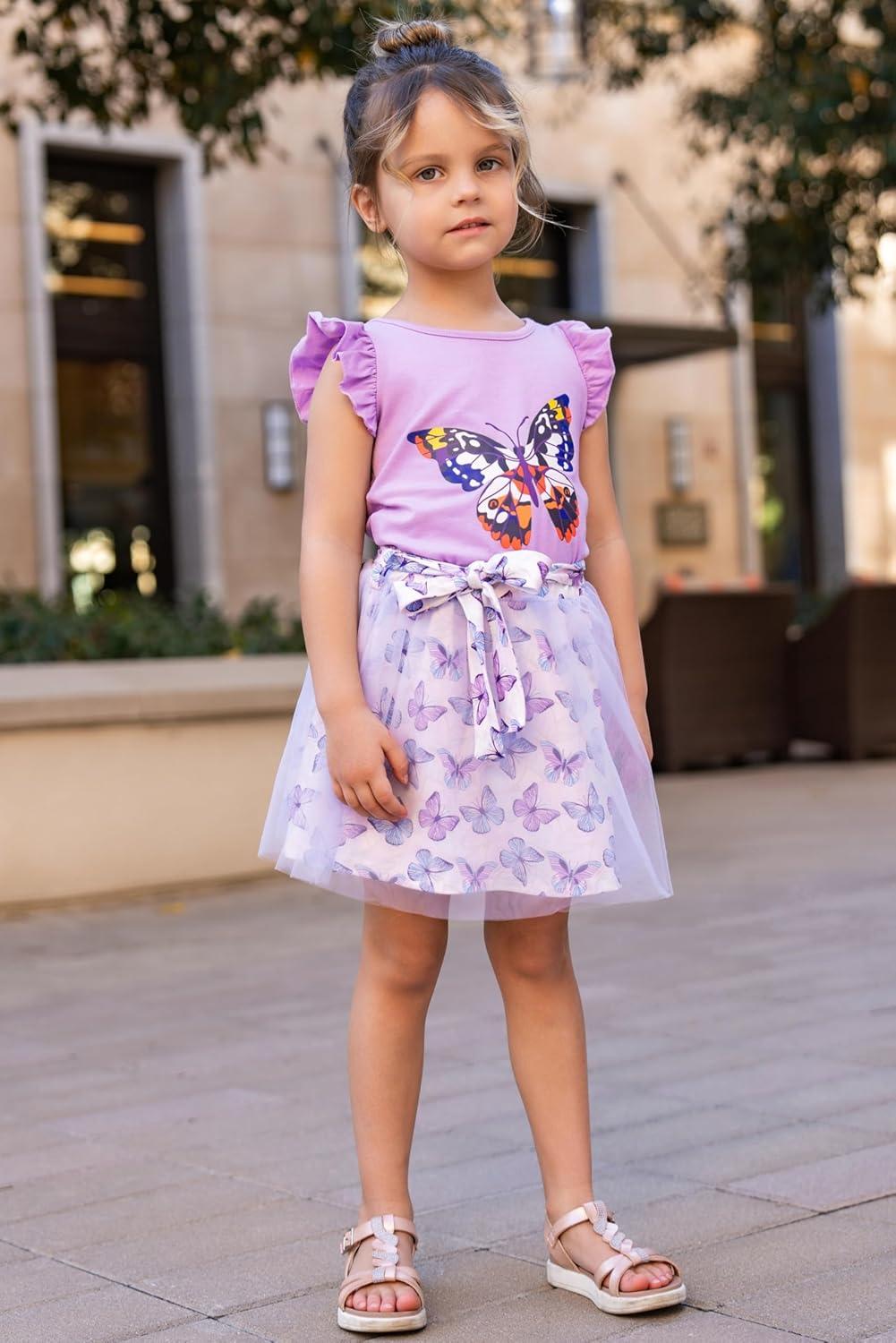 imageArshiner Toddler Summer Girls Clothes 2 Piece Ruffle Sleeve Tops and Belt Tutu Skirt Sets Cute Party Dress for KidsPurple Butterfly