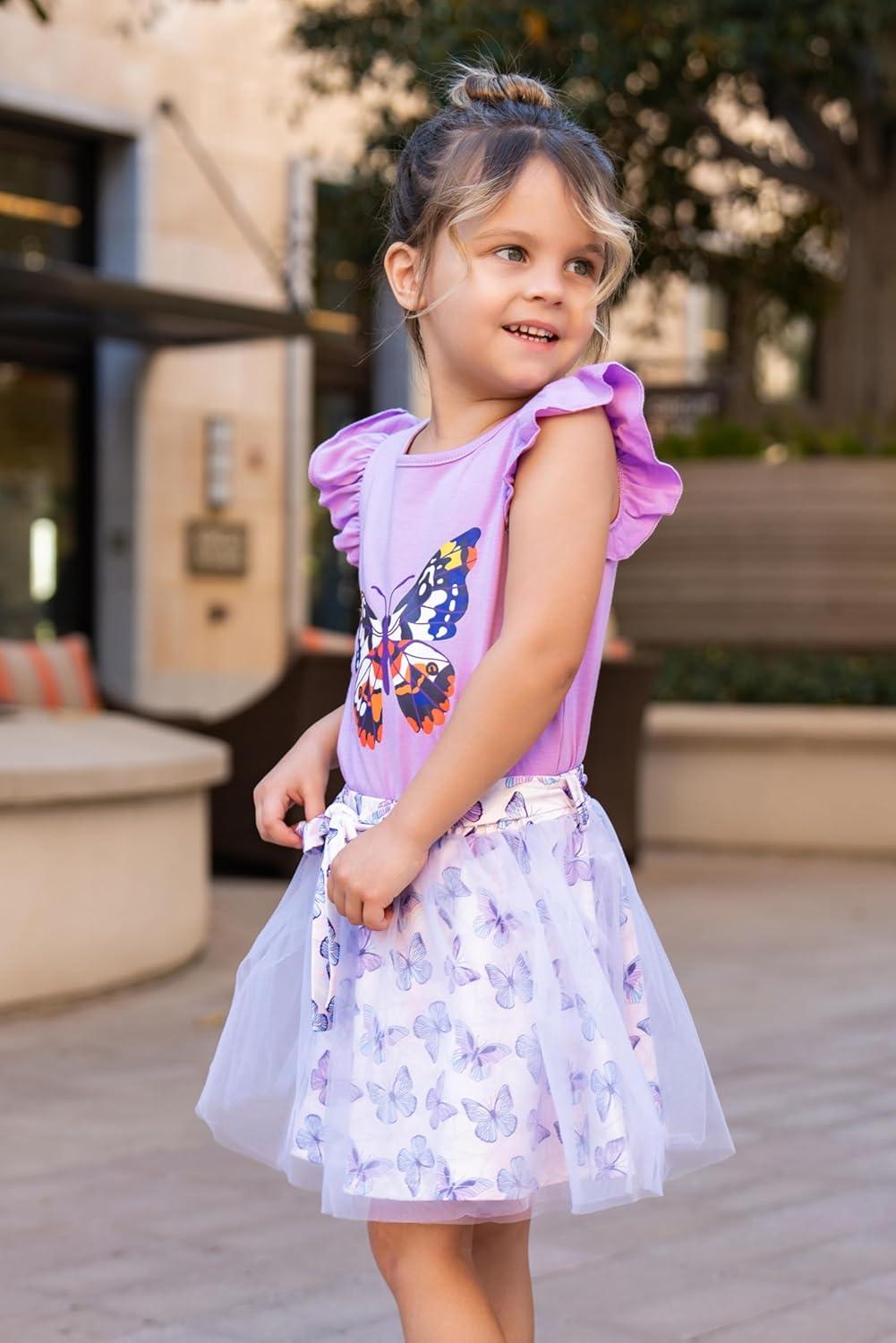 imageArshiner Toddler Summer Girls Clothes 2 Piece Ruffle Sleeve Tops and Belt Tutu Skirt Sets Cute Party Dress for KidsPurple Butterfly