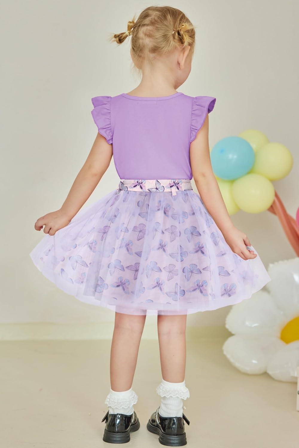 imageArshiner Toddler Summer Girls Clothes 2 Piece Ruffle Sleeve Tops and Belt Tutu Skirt Sets Cute Party Dress for KidsPurple Butterfly