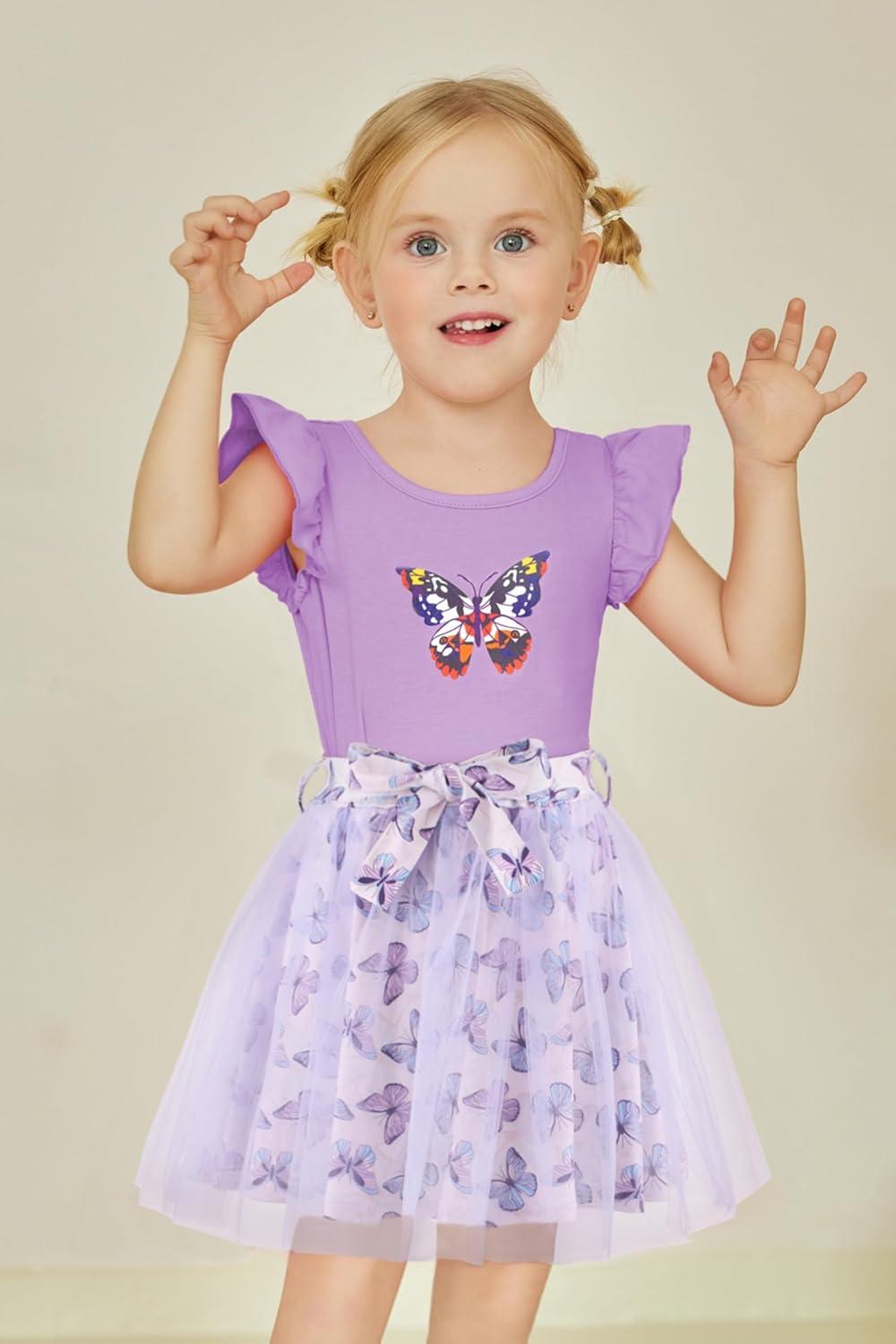 imageArshiner Toddler Summer Girls Clothes 2 Piece Ruffle Sleeve Tops and Belt Tutu Skirt Sets Cute Party Dress for KidsPurple Butterfly