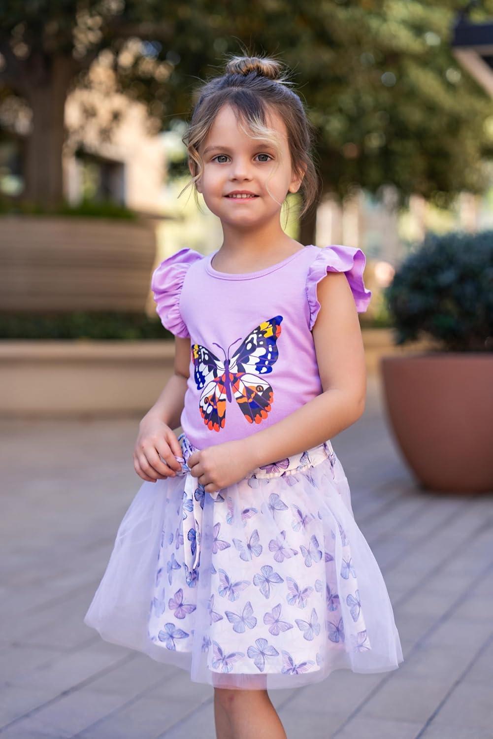 imageArshiner Toddler Summer Girls Clothes 2 Piece Ruffle Sleeve Tops and Belt Tutu Skirt Sets Cute Party Dress for KidsPurple Butterfly