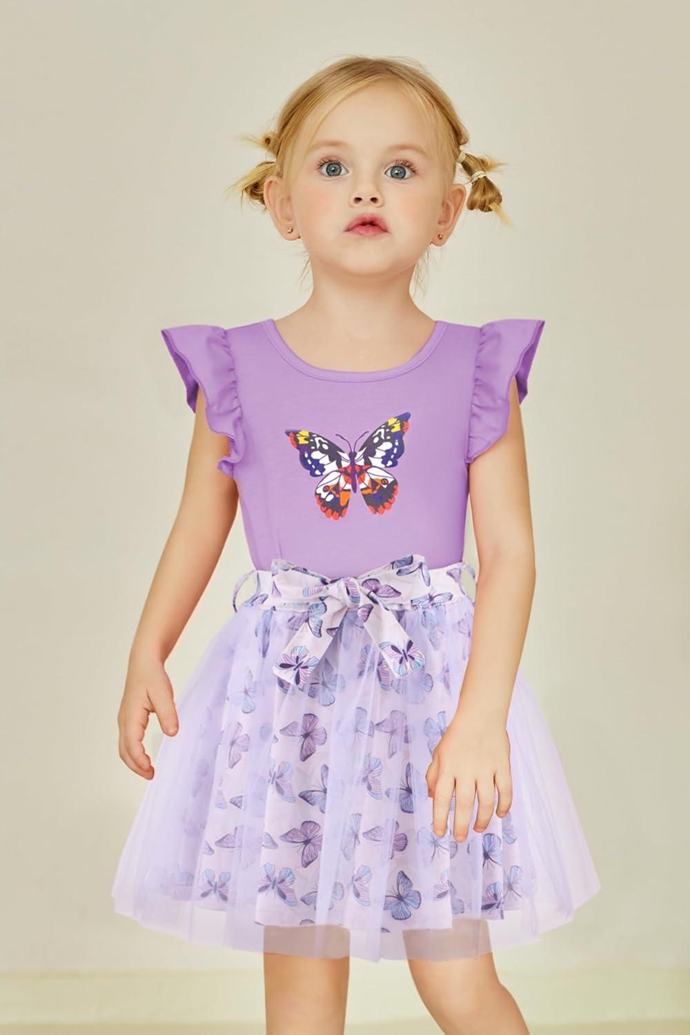 imageArshiner Toddler Summer Girls Clothes 2 Piece Ruffle Sleeve Tops and Belt Tutu Skirt Sets Cute Party Dress for KidsPurple Butterfly