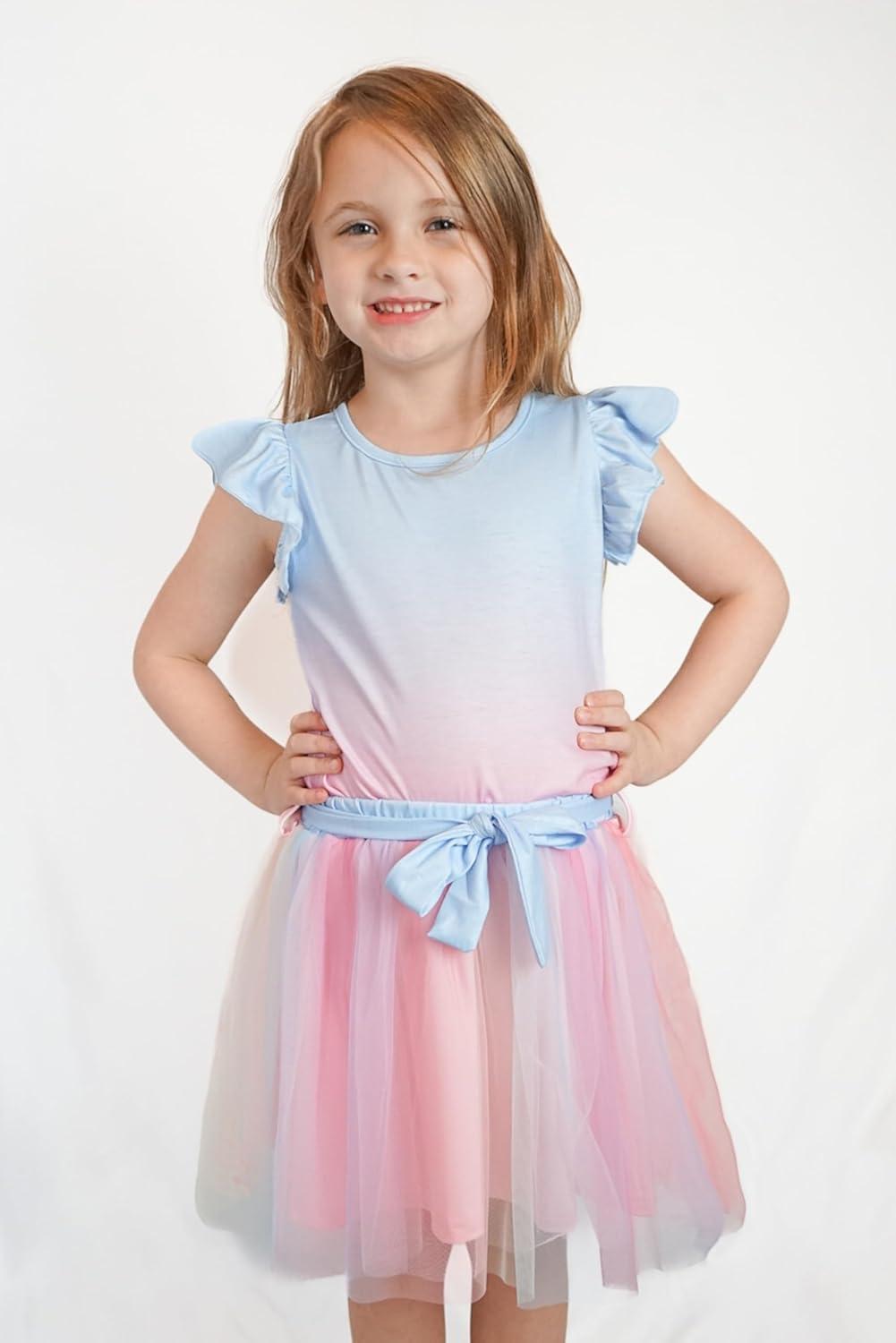 imageArshiner Toddler Summer Girls Clothes 2 Piece Ruffle Sleeve Tops and Belt Tutu Skirt Sets Cute Party Dress for KidsRainbow