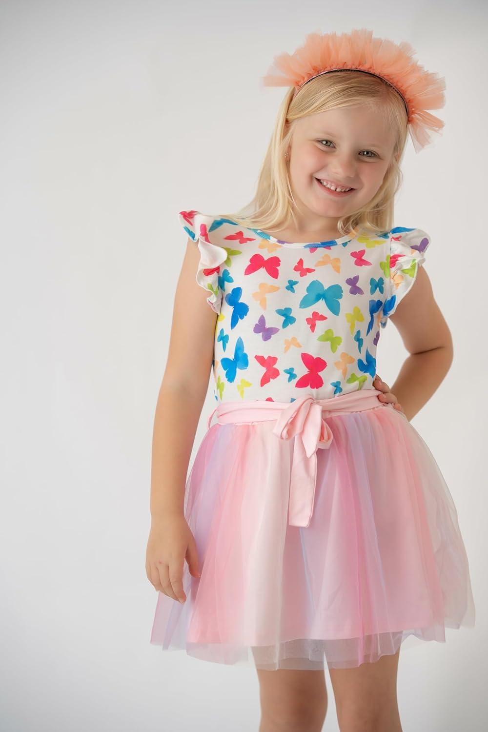 imageArshiner Toddler Summer Girls Clothes 2 Piece Ruffle Sleeve Tops and Belt Tutu Skirt Sets Cute Party Dress for KidsRainbow Butterfly