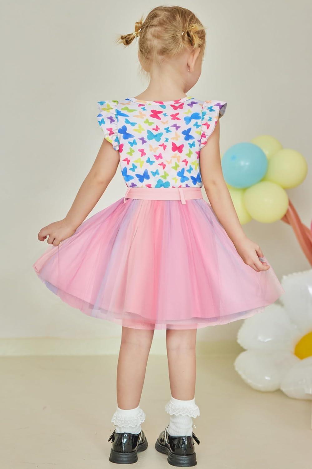 imageArshiner Toddler Summer Girls Clothes 2 Piece Ruffle Sleeve Tops and Belt Tutu Skirt Sets Cute Party Dress for KidsRainbow Butterfly