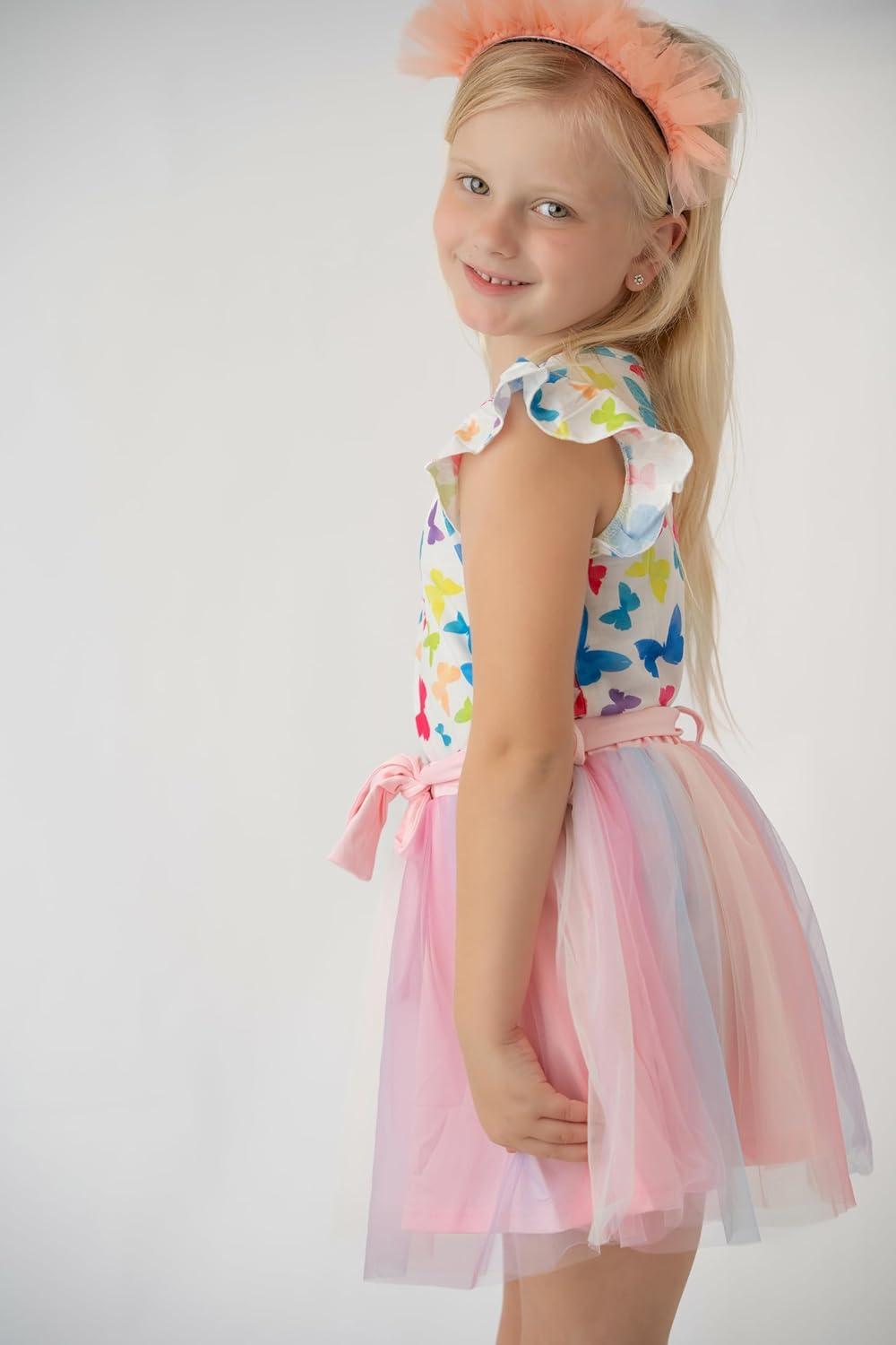 imageArshiner Toddler Summer Girls Clothes 2 Piece Ruffle Sleeve Tops and Belt Tutu Skirt Sets Cute Party Dress for KidsRainbow Butterfly