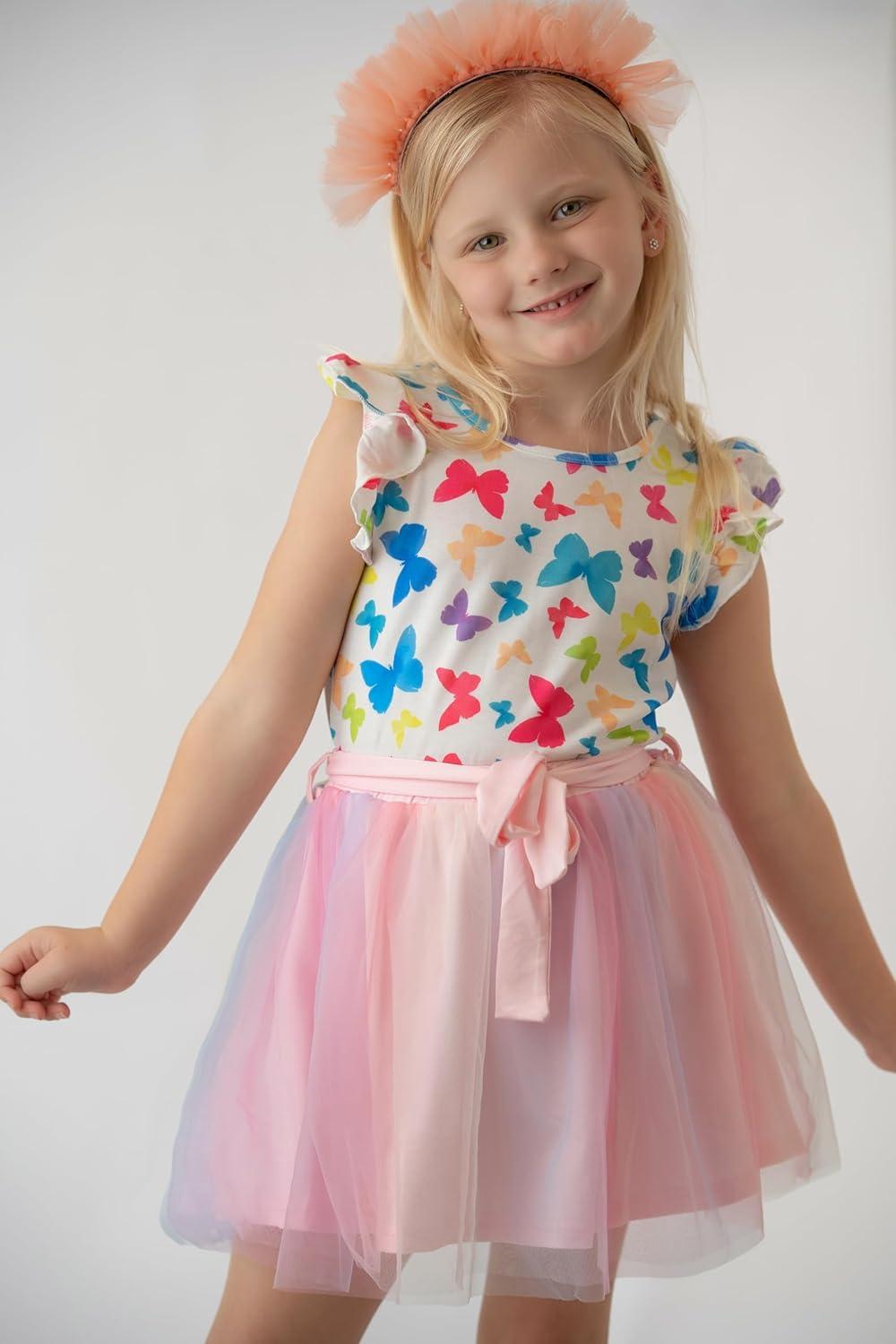 imageArshiner Toddler Summer Girls Clothes 2 Piece Ruffle Sleeve Tops and Belt Tutu Skirt Sets Cute Party Dress for KidsRainbow Butterfly
