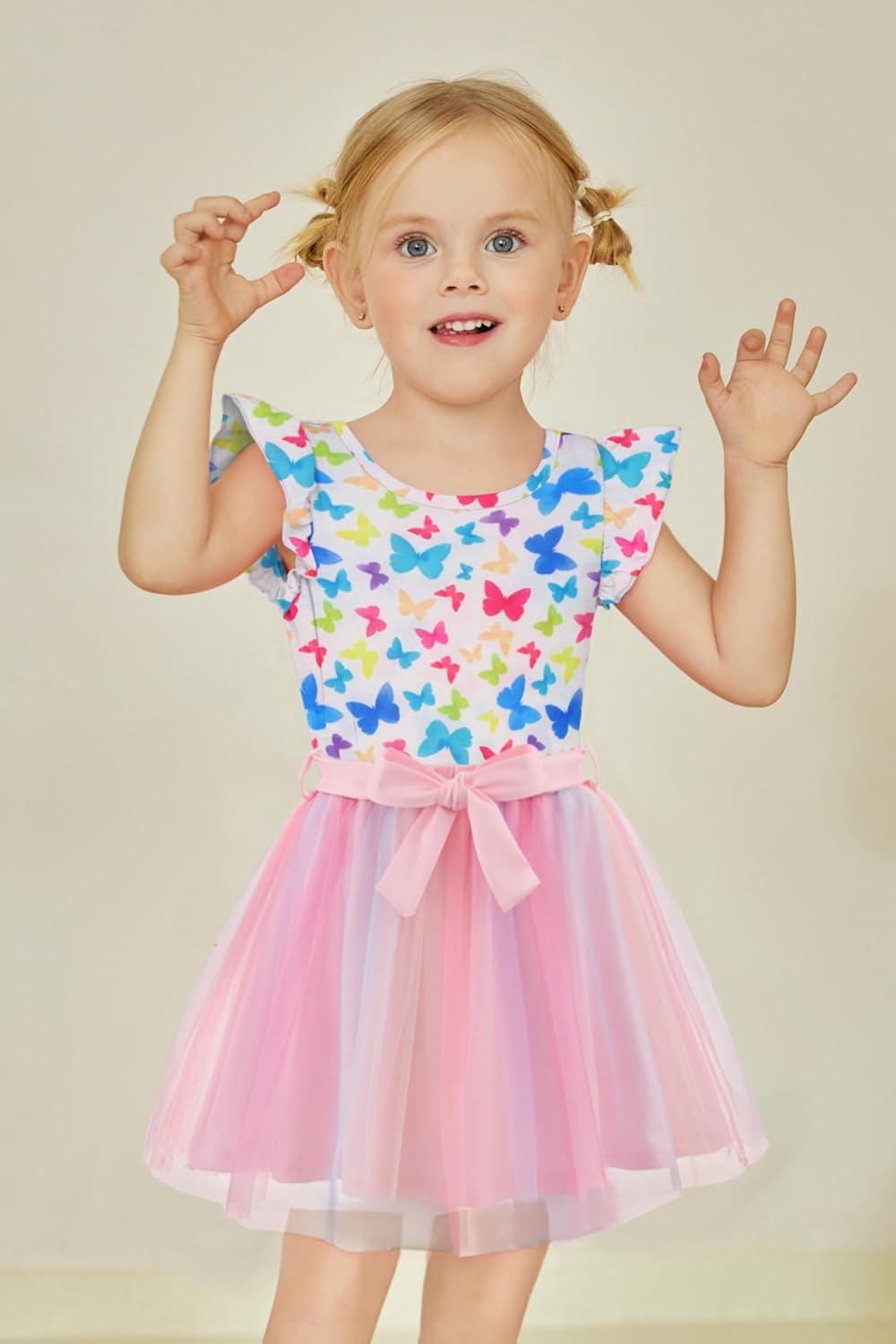 imageArshiner Toddler Summer Girls Clothes 2 Piece Ruffle Sleeve Tops and Belt Tutu Skirt Sets Cute Party Dress for KidsRainbow Butterfly