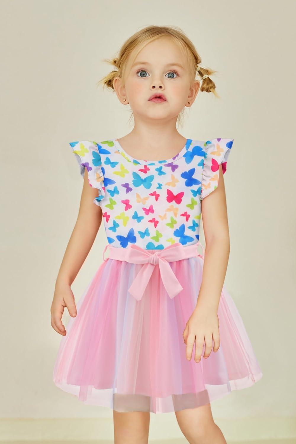 imageArshiner Toddler Summer Girls Clothes 2 Piece Ruffle Sleeve Tops and Belt Tutu Skirt Sets Cute Party Dress for KidsRainbow Butterfly
