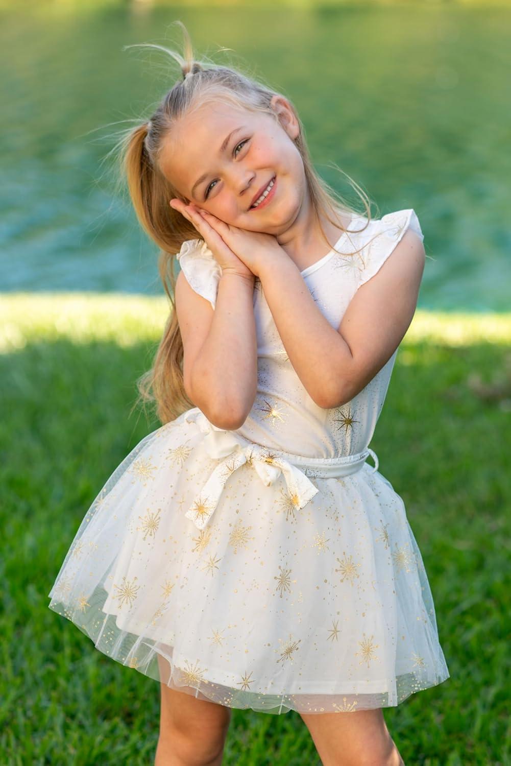 imageArshiner Toddler Summer Girls Clothes 2 Piece Ruffle Sleeve Tops and Belt Tutu Skirt Sets Cute Party Dress for KidsSunflower
