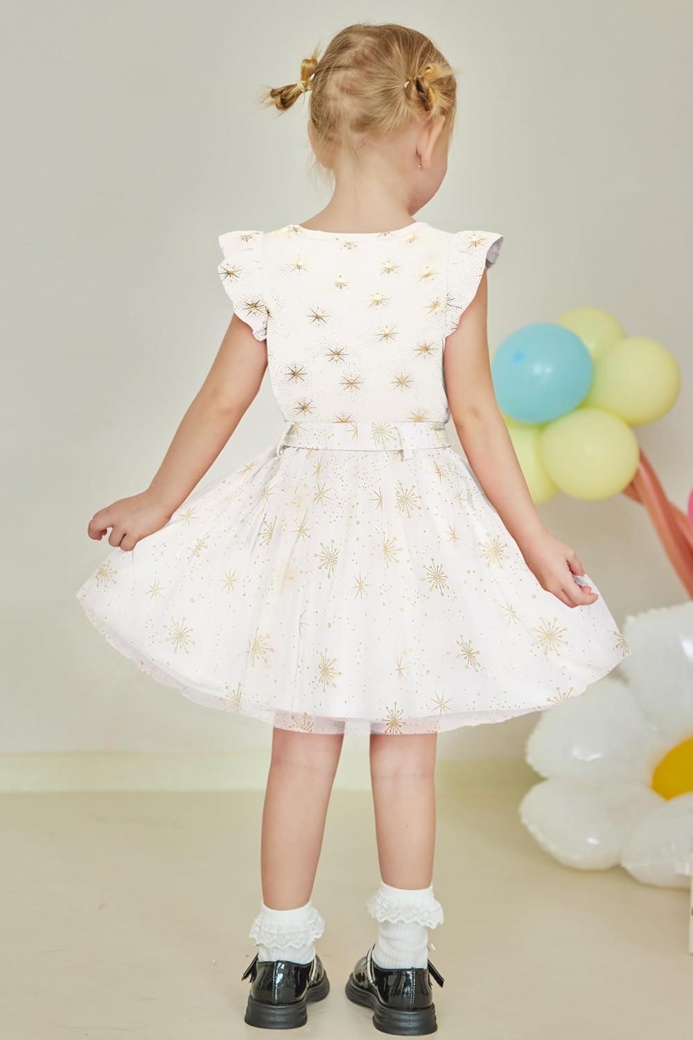imageArshiner Toddler Summer Girls Clothes 2 Piece Ruffle Sleeve Tops and Belt Tutu Skirt Sets Cute Party Dress for KidsSunflower