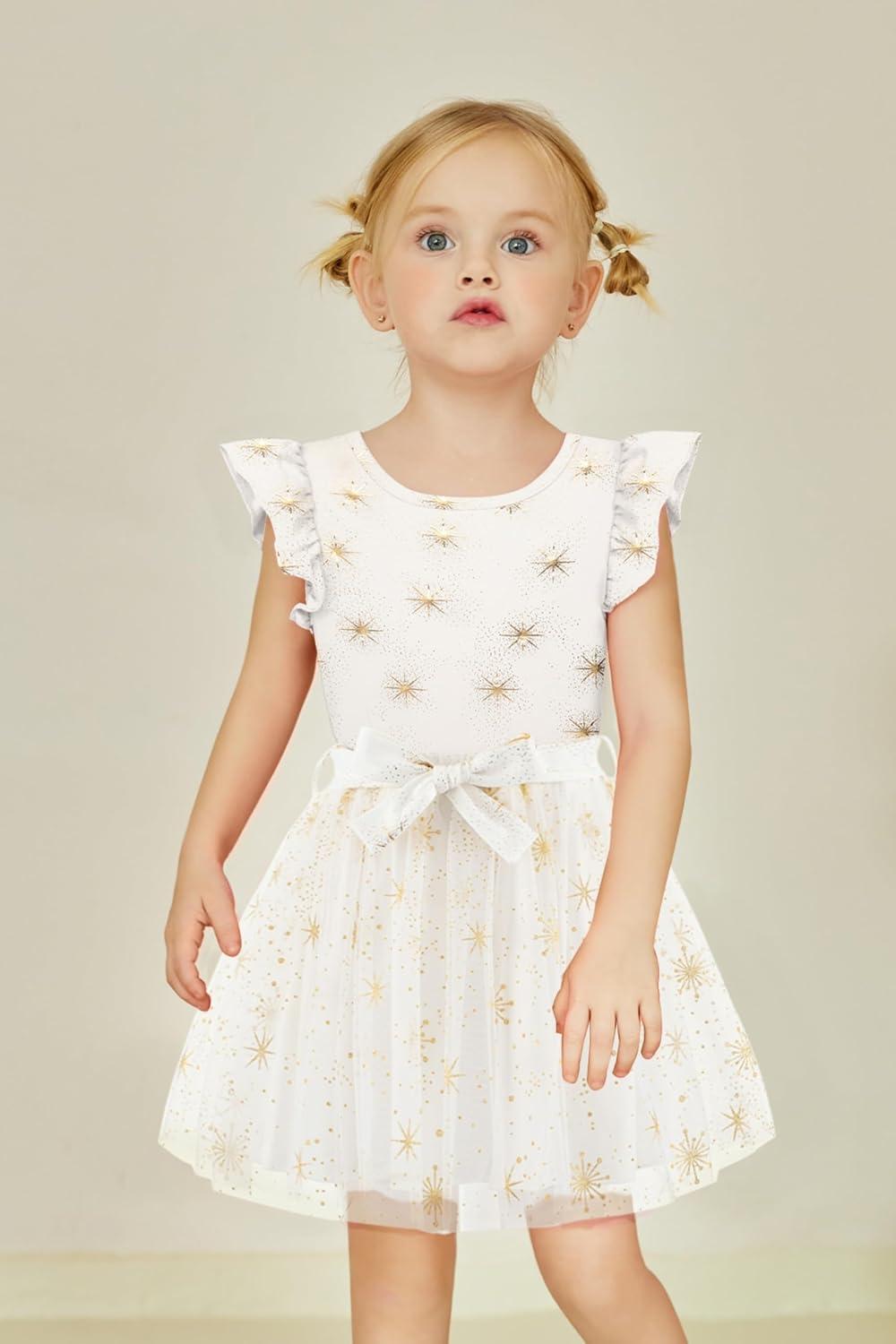 imageArshiner Toddler Summer Girls Clothes 2 Piece Ruffle Sleeve Tops and Belt Tutu Skirt Sets Cute Party Dress for KidsSunflower