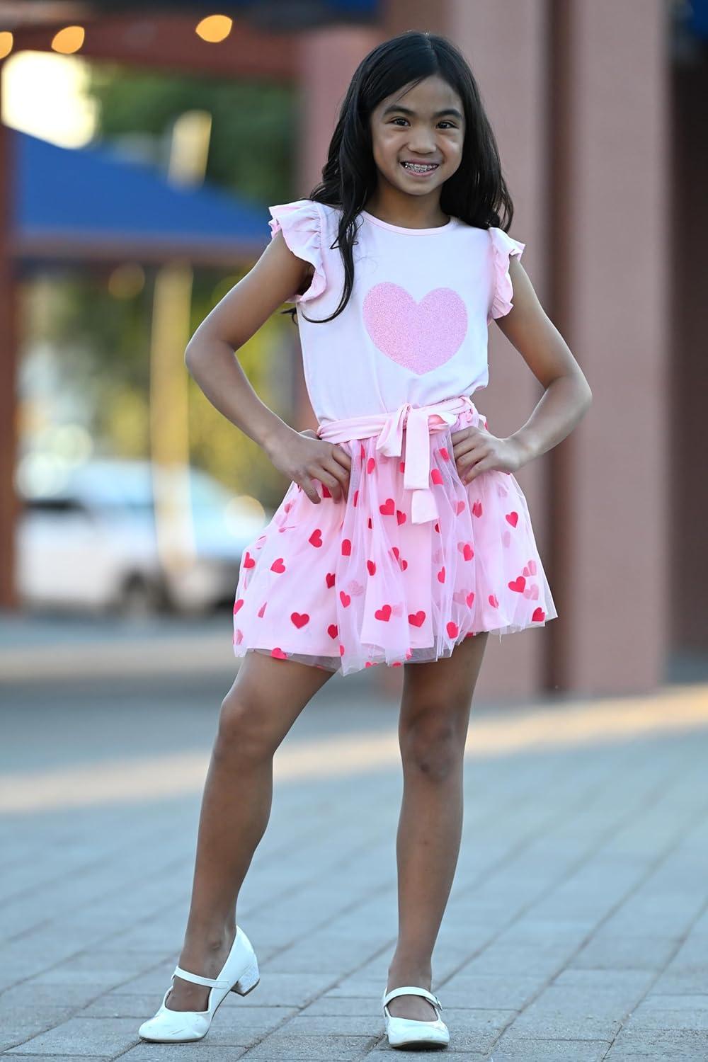 imageArshiner Toddler Summer Girls Clothes 2 Piece Ruffle Sleeve Tops and Belt Tutu Skirt Sets Cute Party Dress for KidsValentine