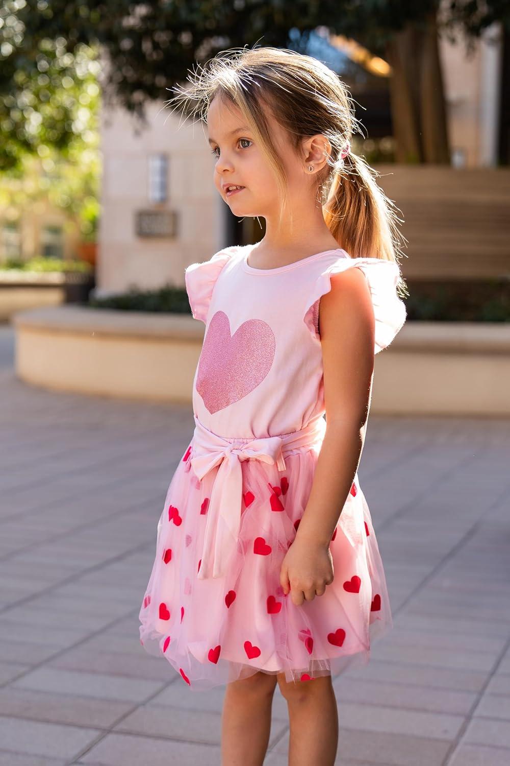 imageArshiner Toddler Summer Girls Clothes 2 Piece Ruffle Sleeve Tops and Belt Tutu Skirt Sets Cute Party Dress for KidsValentine