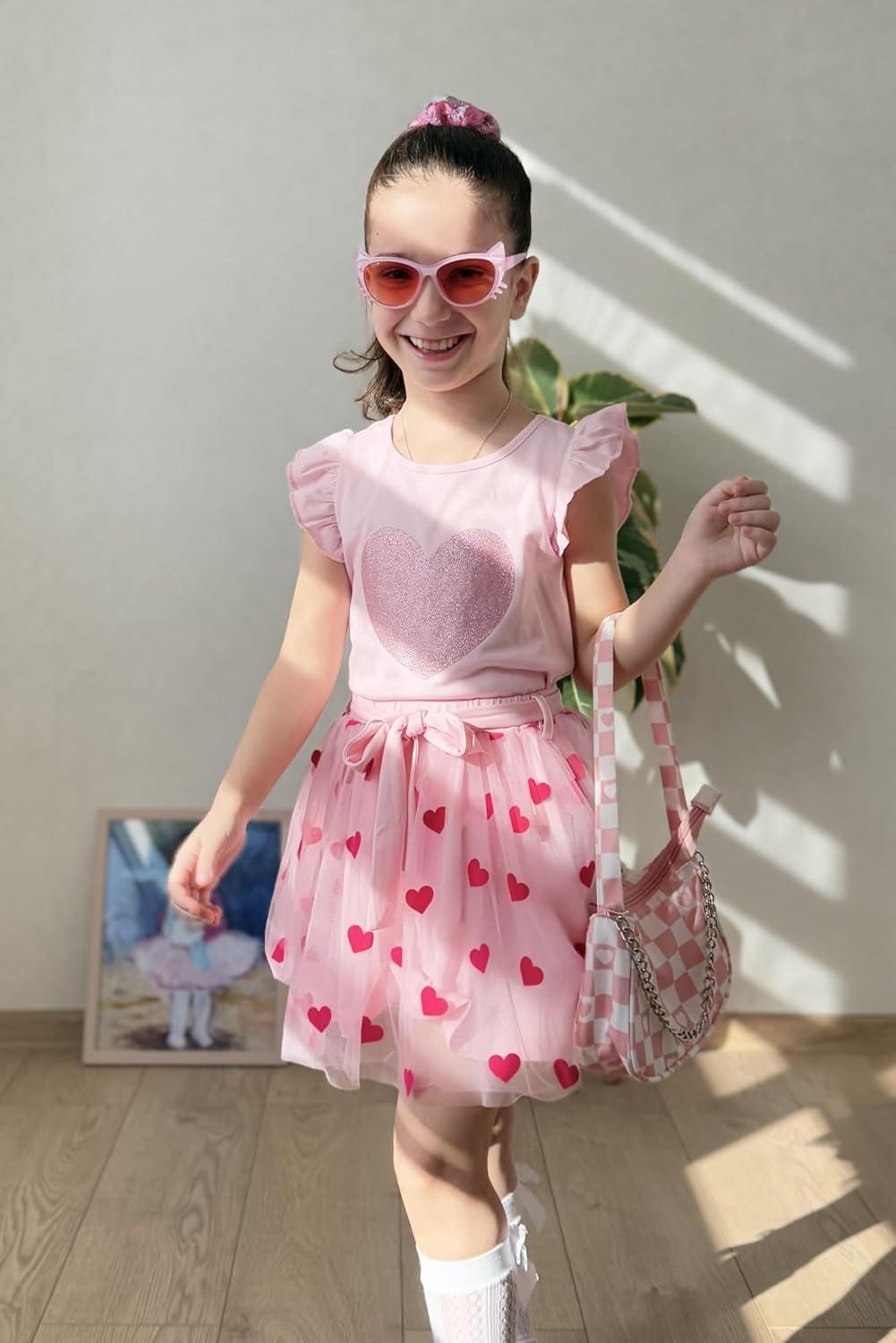 imageArshiner Toddler Summer Girls Clothes 2 Piece Ruffle Sleeve Tops and Belt Tutu Skirt Sets Cute Party Dress for KidsValentine