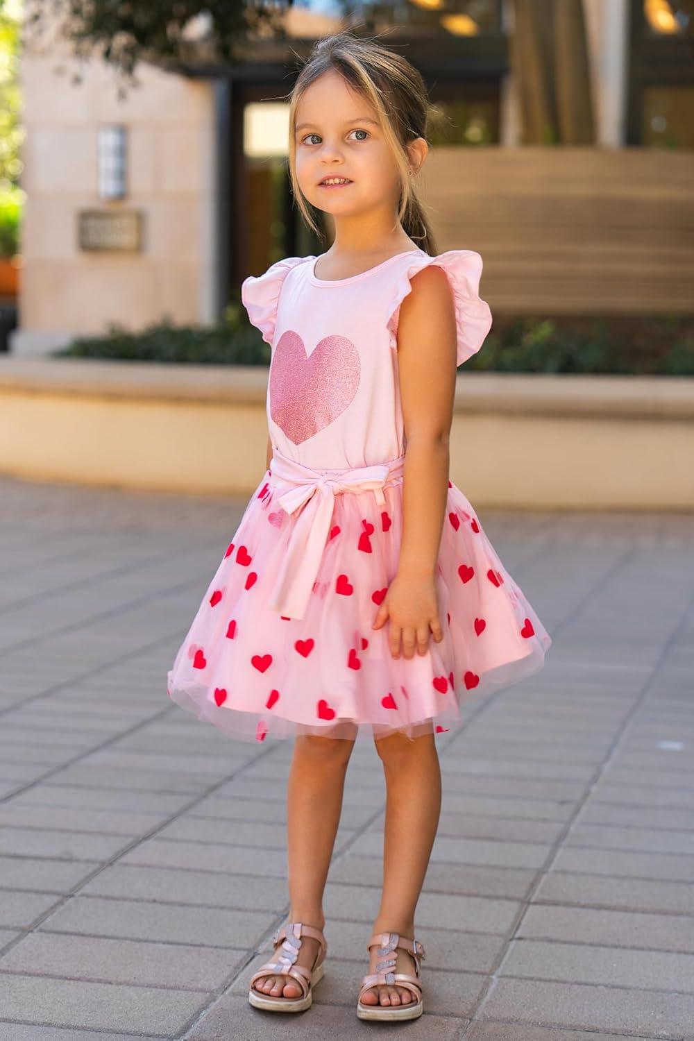 imageArshiner Toddler Summer Girls Clothes 2 Piece Ruffle Sleeve Tops and Belt Tutu Skirt Sets Cute Party Dress for KidsValentine