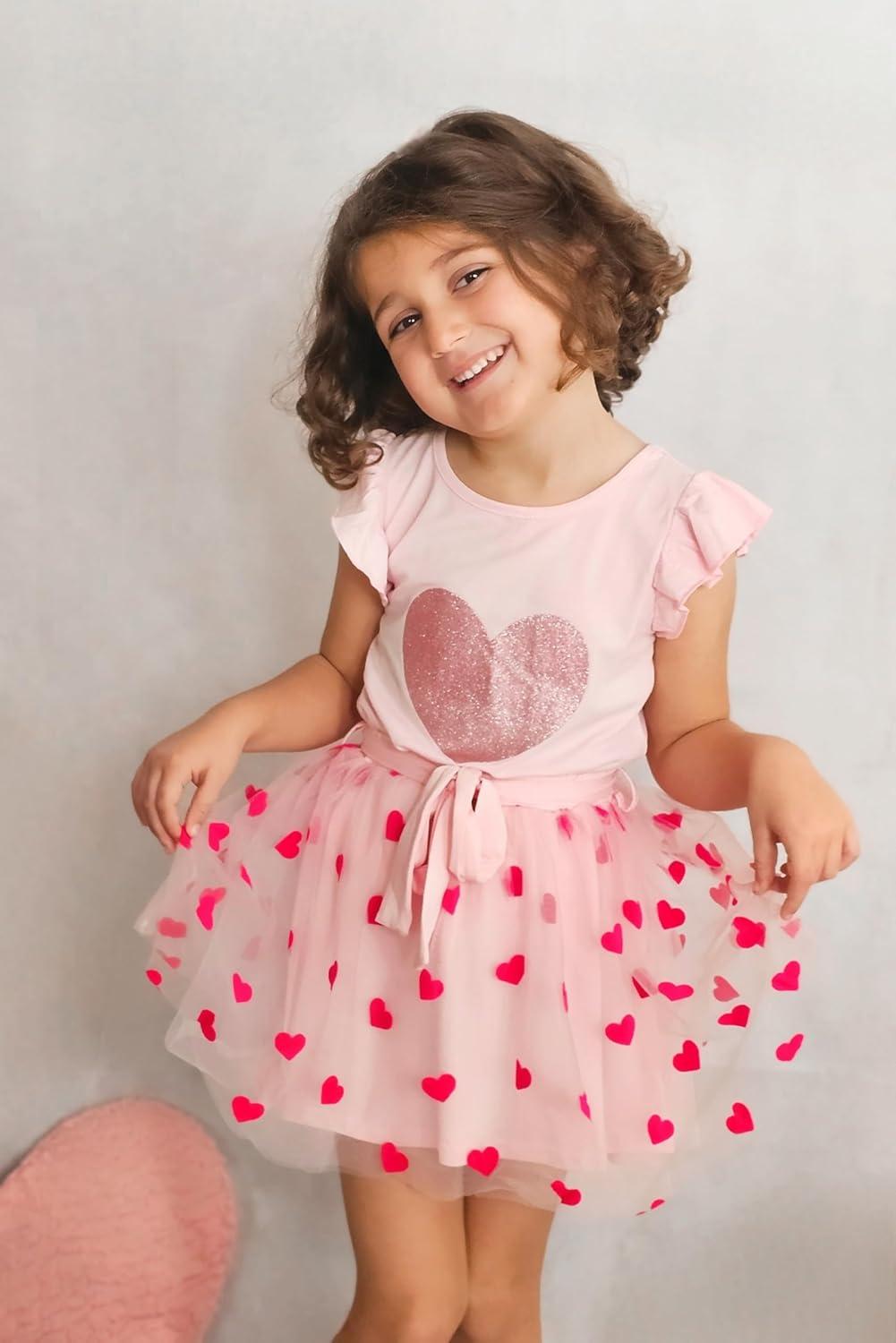 imageArshiner Toddler Summer Girls Clothes 2 Piece Ruffle Sleeve Tops and Belt Tutu Skirt Sets Cute Party Dress for KidsValentine