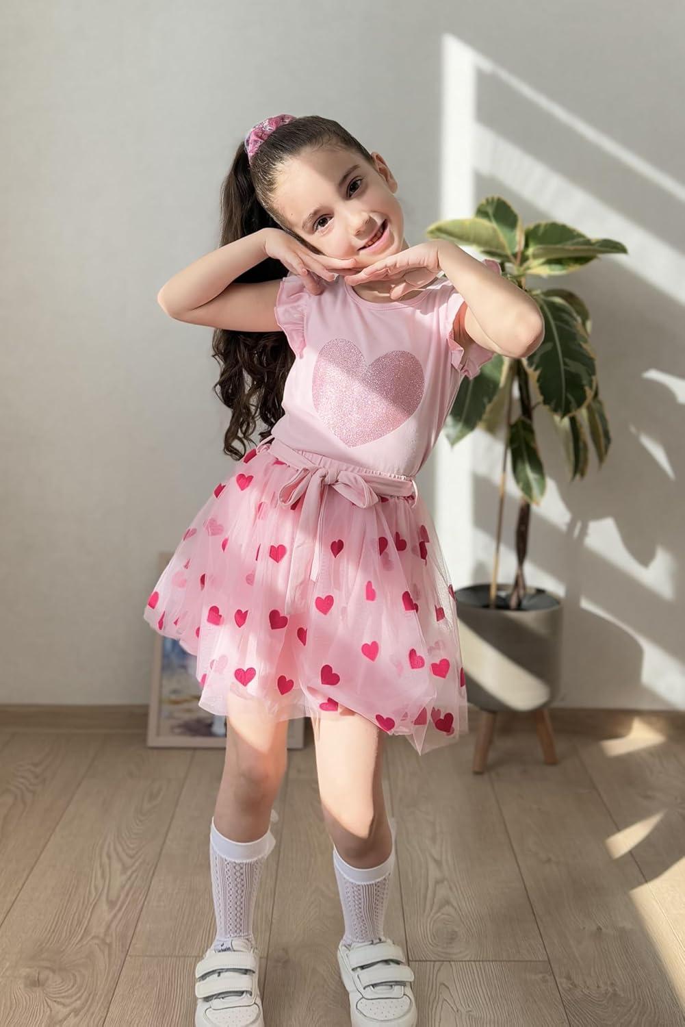 imageArshiner Toddler Summer Girls Clothes 2 Piece Ruffle Sleeve Tops and Belt Tutu Skirt Sets Cute Party Dress for KidsValentine