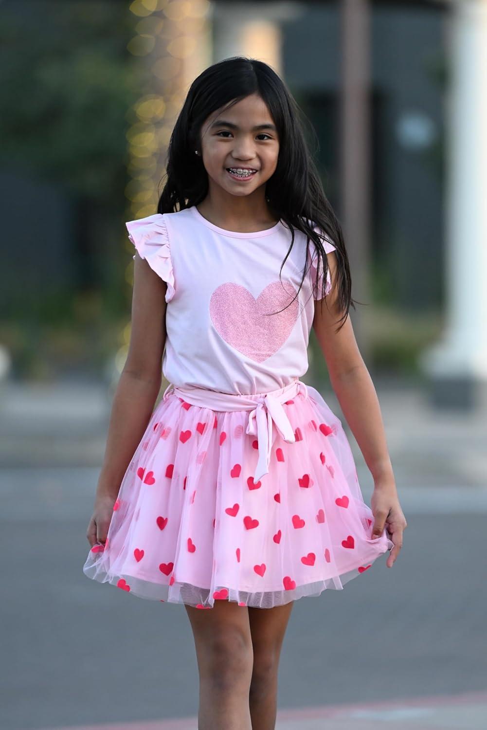 imageArshiner Toddler Summer Girls Clothes 2 Piece Ruffle Sleeve Tops and Belt Tutu Skirt Sets Cute Party Dress for KidsValentine