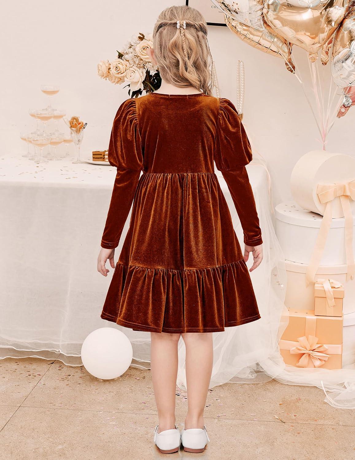 imageArshiner Toddler Velvet Dress Girls Puff Long Sleeves Crew Neck Party Fall Winter Ruffle Dresses with Pockets 28YCaramel