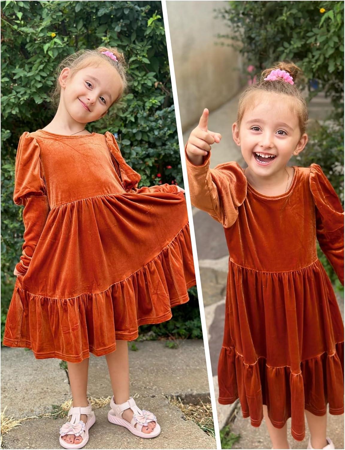 imageArshiner Toddler Velvet Dress Girls Puff Long Sleeves Crew Neck Party Fall Winter Ruffle Dresses with Pockets 28YCaramel