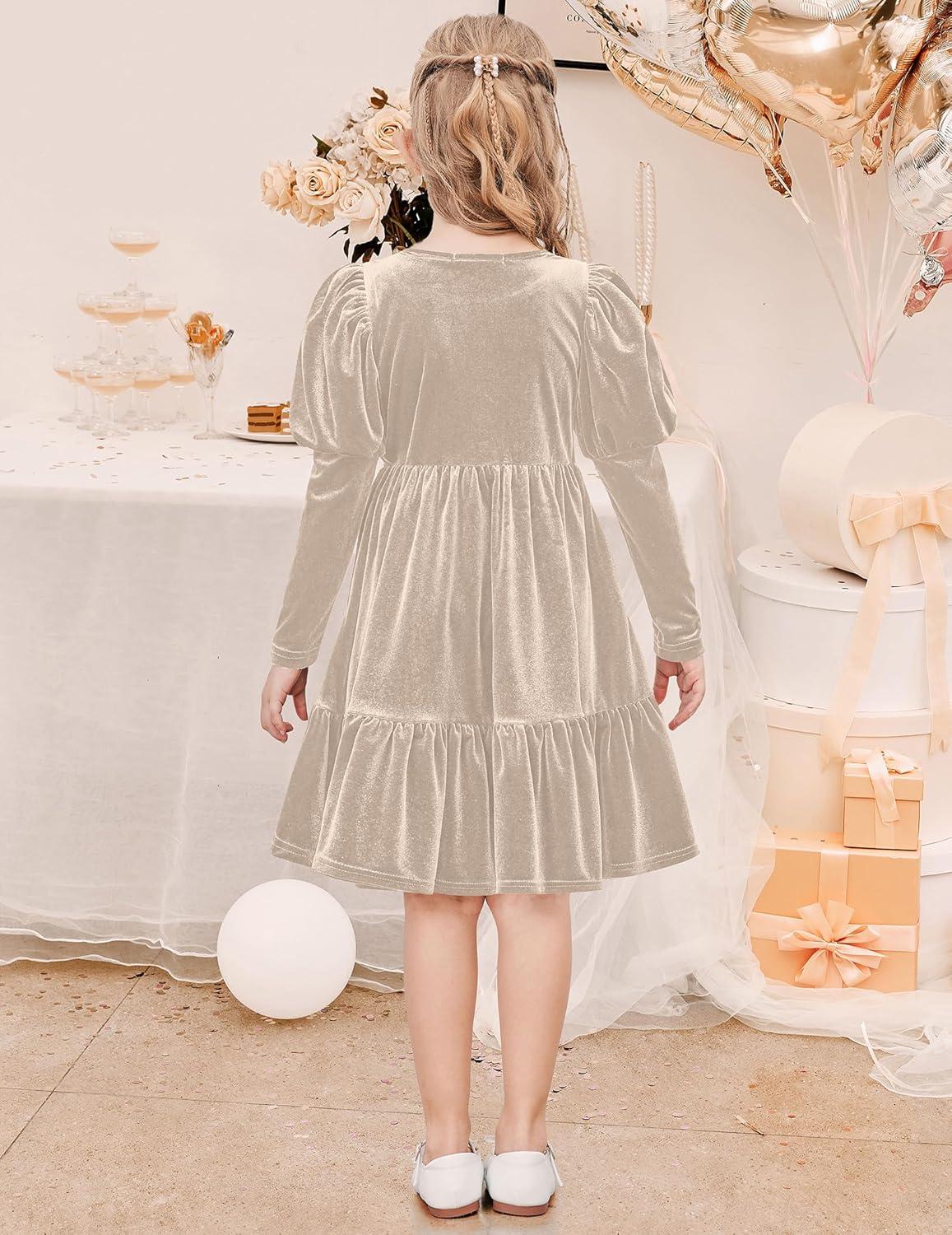 imageArshiner Toddler Velvet Dress Girls Puff Long Sleeves Crew Neck Party Fall Winter Ruffle Dresses with Pockets 28YChampagne