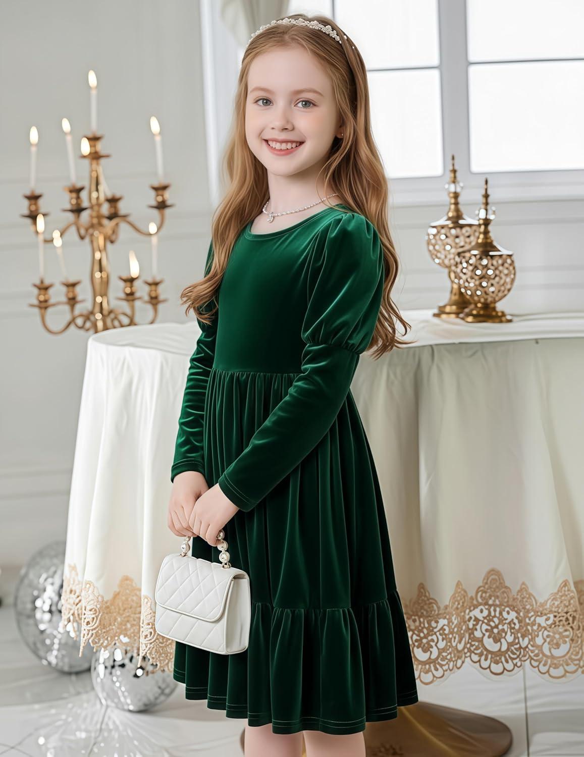 imageArshiner Toddler Velvet Dress Girls Puff Long Sleeves Crew Neck Party Fall Winter Ruffle Dresses with Pockets 28YGreen