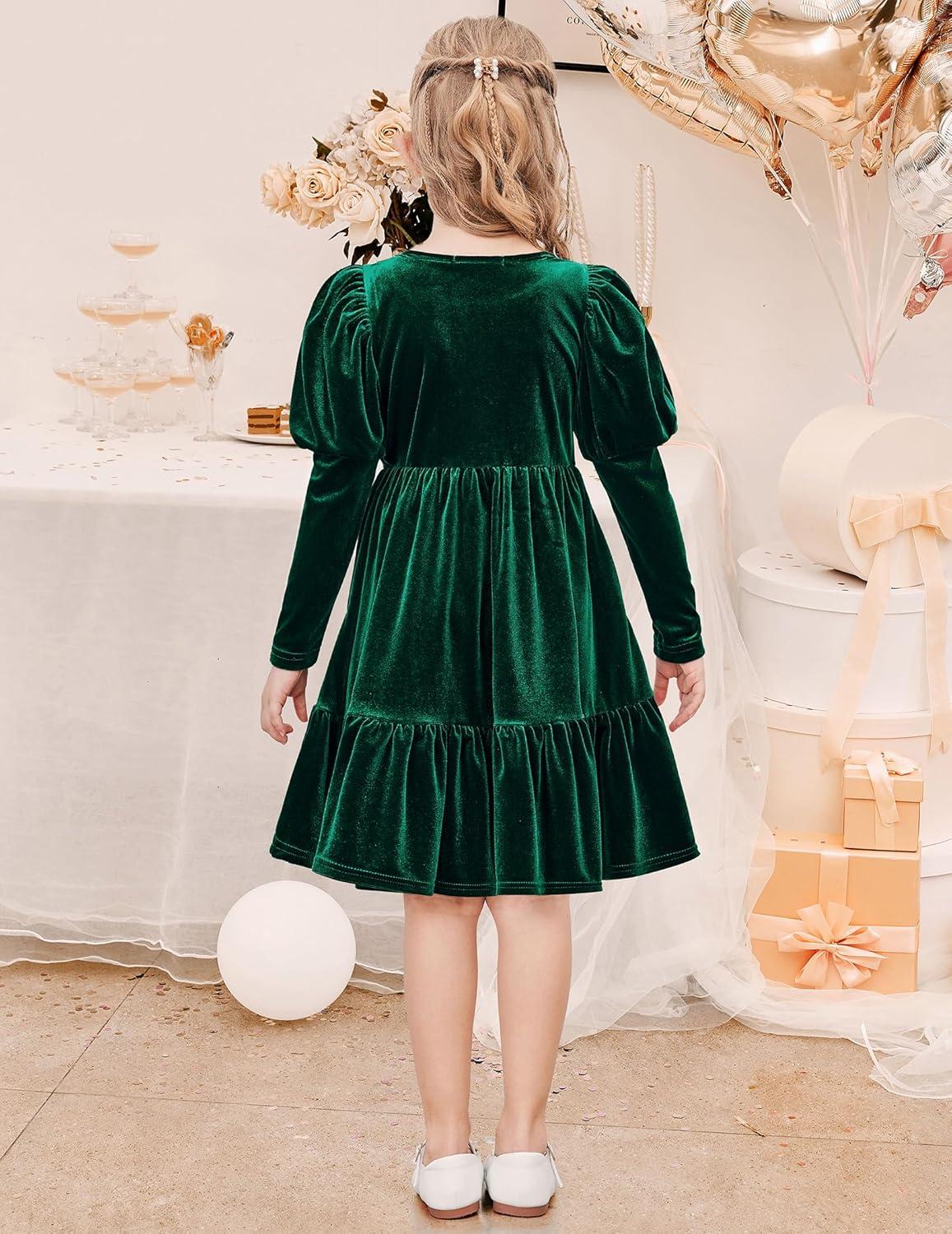 imageArshiner Toddler Velvet Dress Girls Puff Long Sleeves Crew Neck Party Fall Winter Ruffle Dresses with Pockets 28YGreen