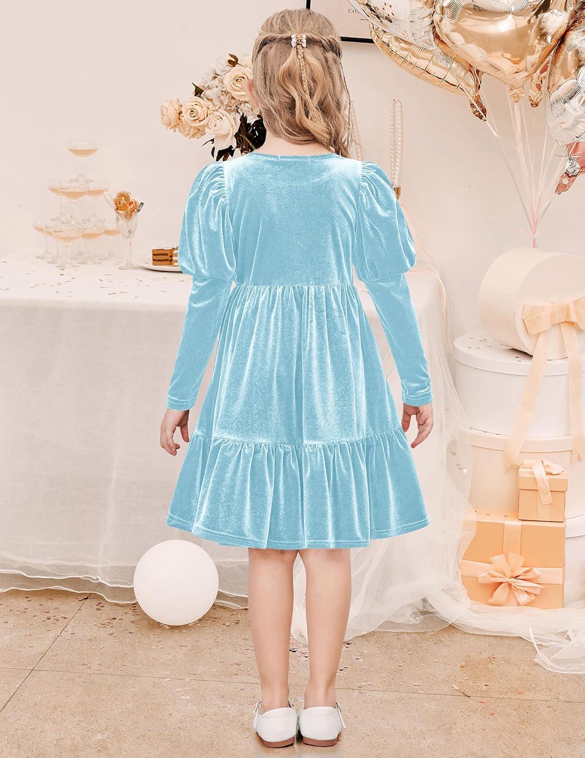 imageArshiner Toddler Velvet Dress Girls Puff Long Sleeves Crew Neck Party Fall Winter Ruffle Dresses with Pockets 28YLight Blue