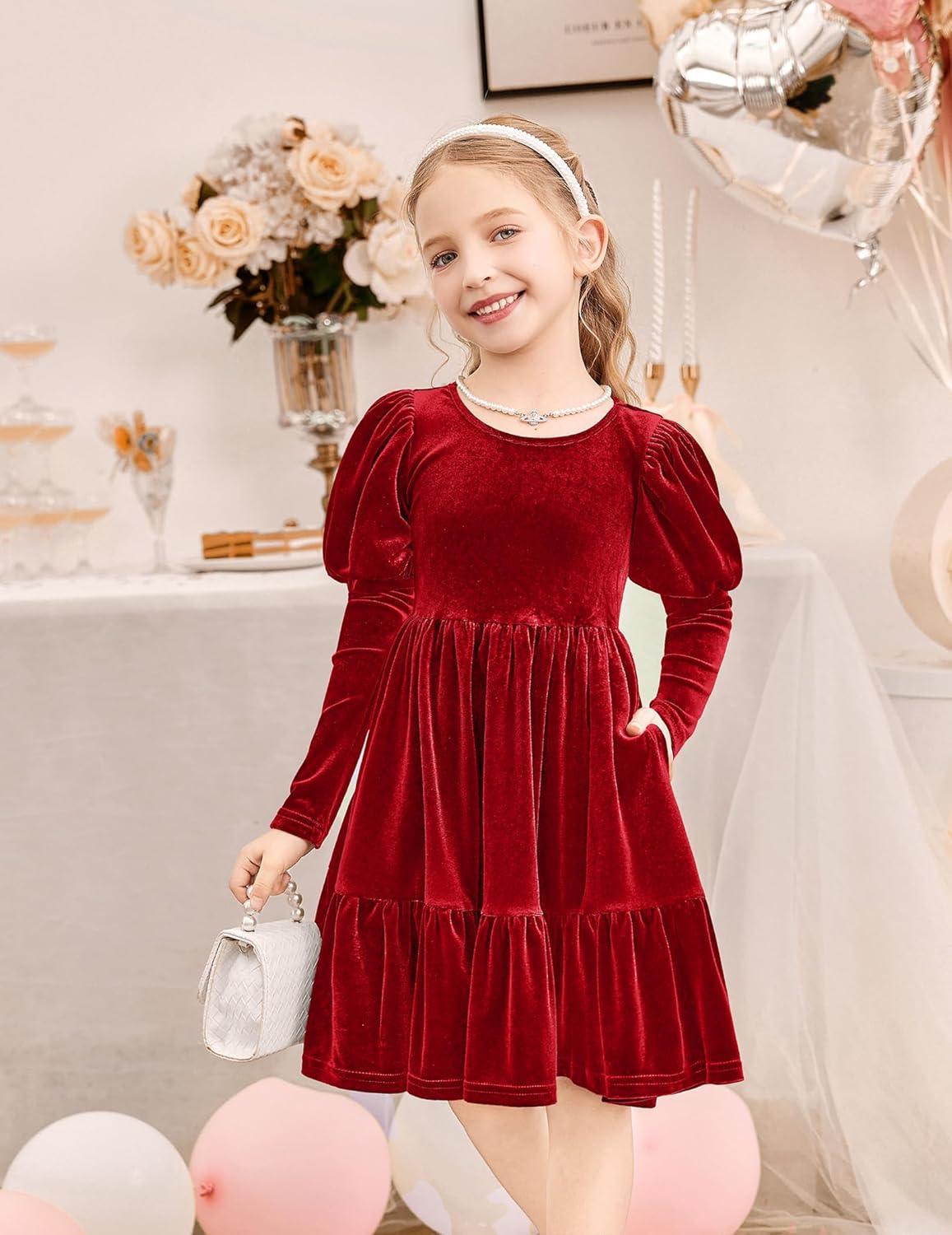 imageArshiner Toddler Velvet Dress Girls Puff Long Sleeves Crew Neck Party Fall Winter Ruffle Dresses with Pockets 28YRed