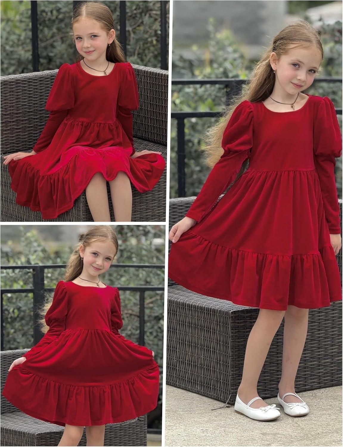 imageArshiner Toddler Velvet Dress Girls Puff Long Sleeves Crew Neck Party Fall Winter Ruffle Dresses with Pockets 28YRed