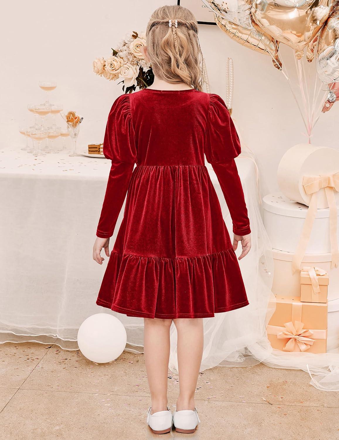 imageArshiner Toddler Velvet Dress Girls Puff Long Sleeves Crew Neck Party Fall Winter Ruffle Dresses with Pockets 28YRed