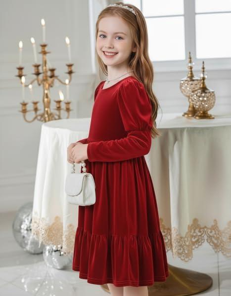 imageArshiner Toddler Velvet Dress Girls Puff Long Sleeves Crew Neck Party Fall Winter Ruffle Dresses with Pockets 28YRed