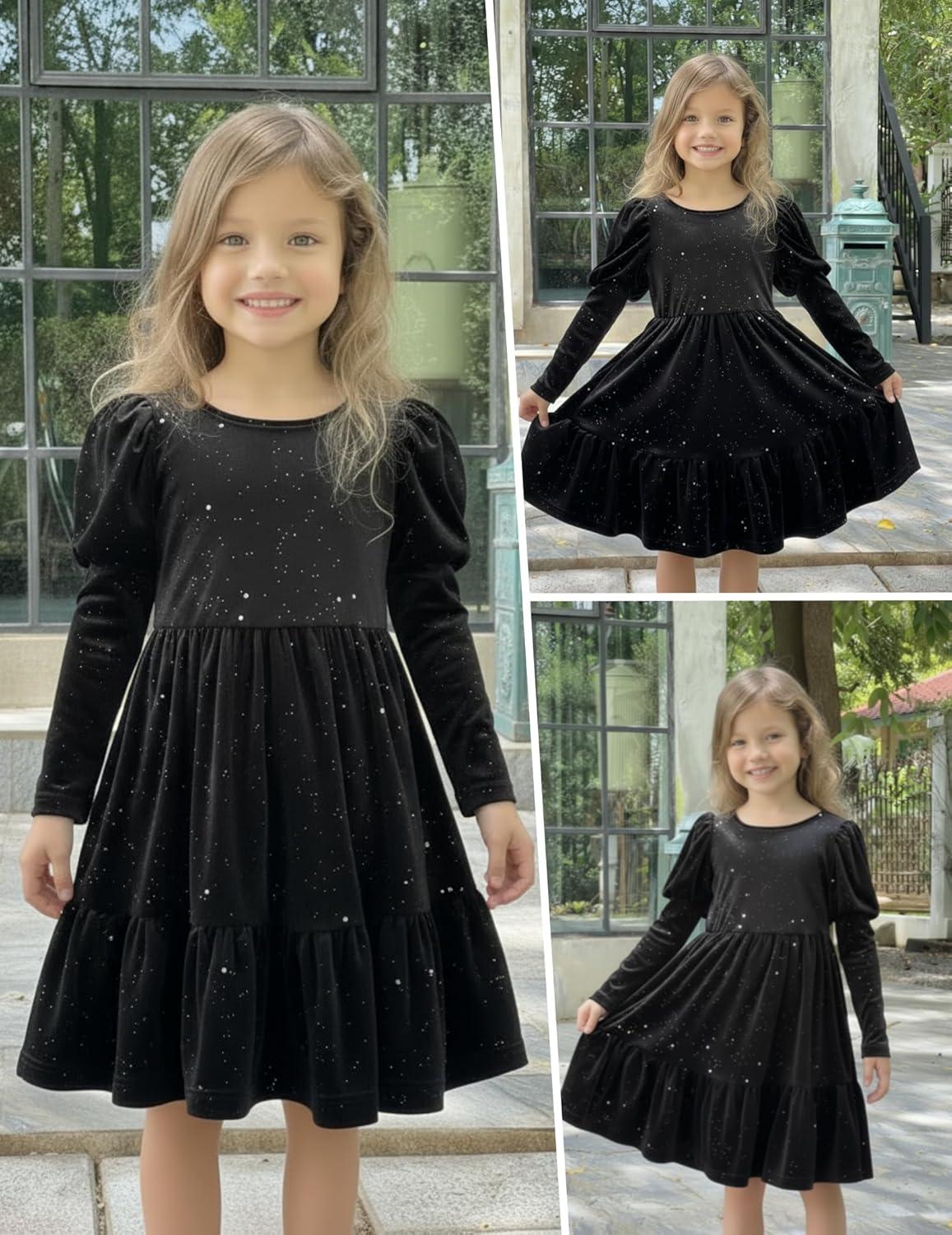 imageArshiner Toddler Velvet Dress Girls Puff Long Sleeves Crew Neck Party Fall Winter Ruffle Dresses with Pockets 28YSequins Black